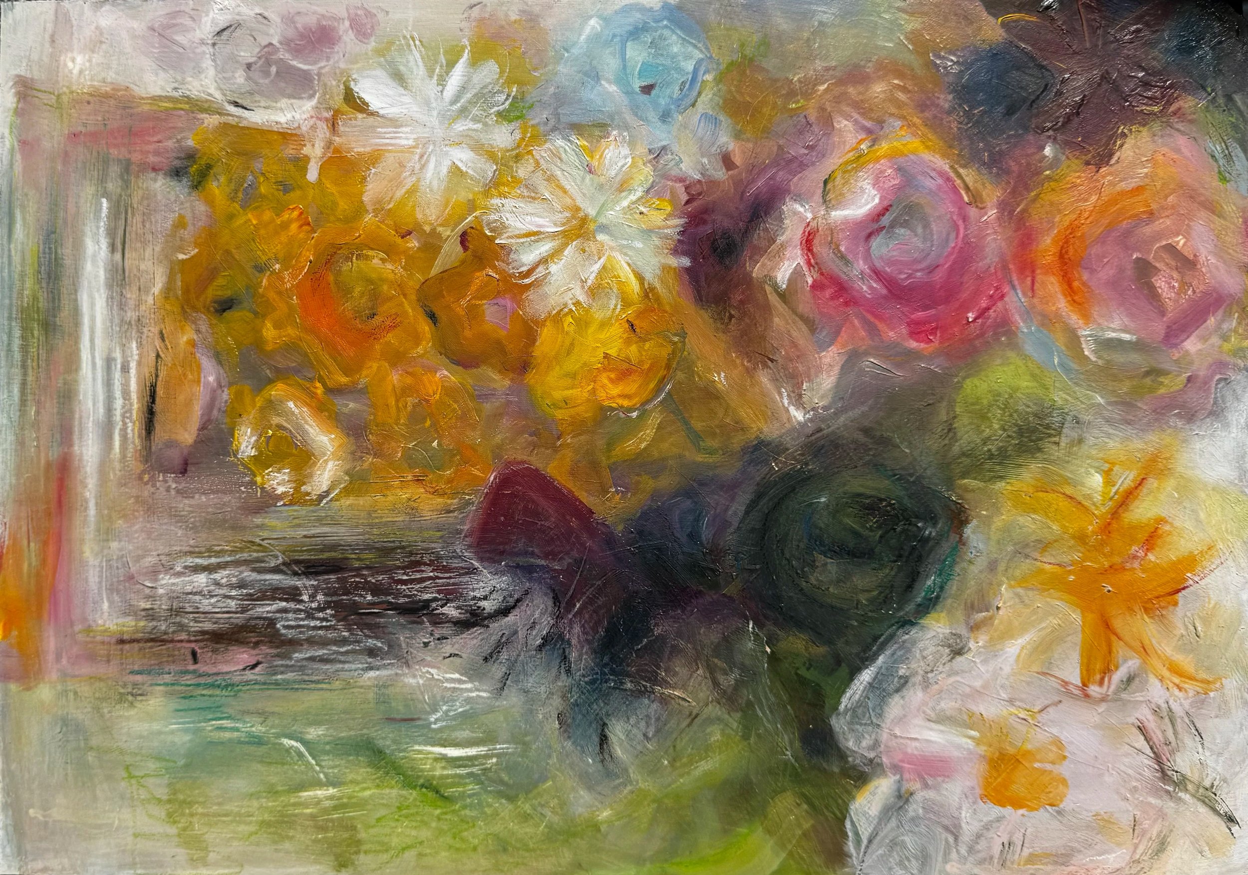 Ready for the Vase — oil on board, 420mm x 300mm.

A big, generous bunch of soft blooms lies scattered on the table in front of a glass vase, waiting patiently (or not so patiently) to be arranged into some kind of order. All those golds and yellows 