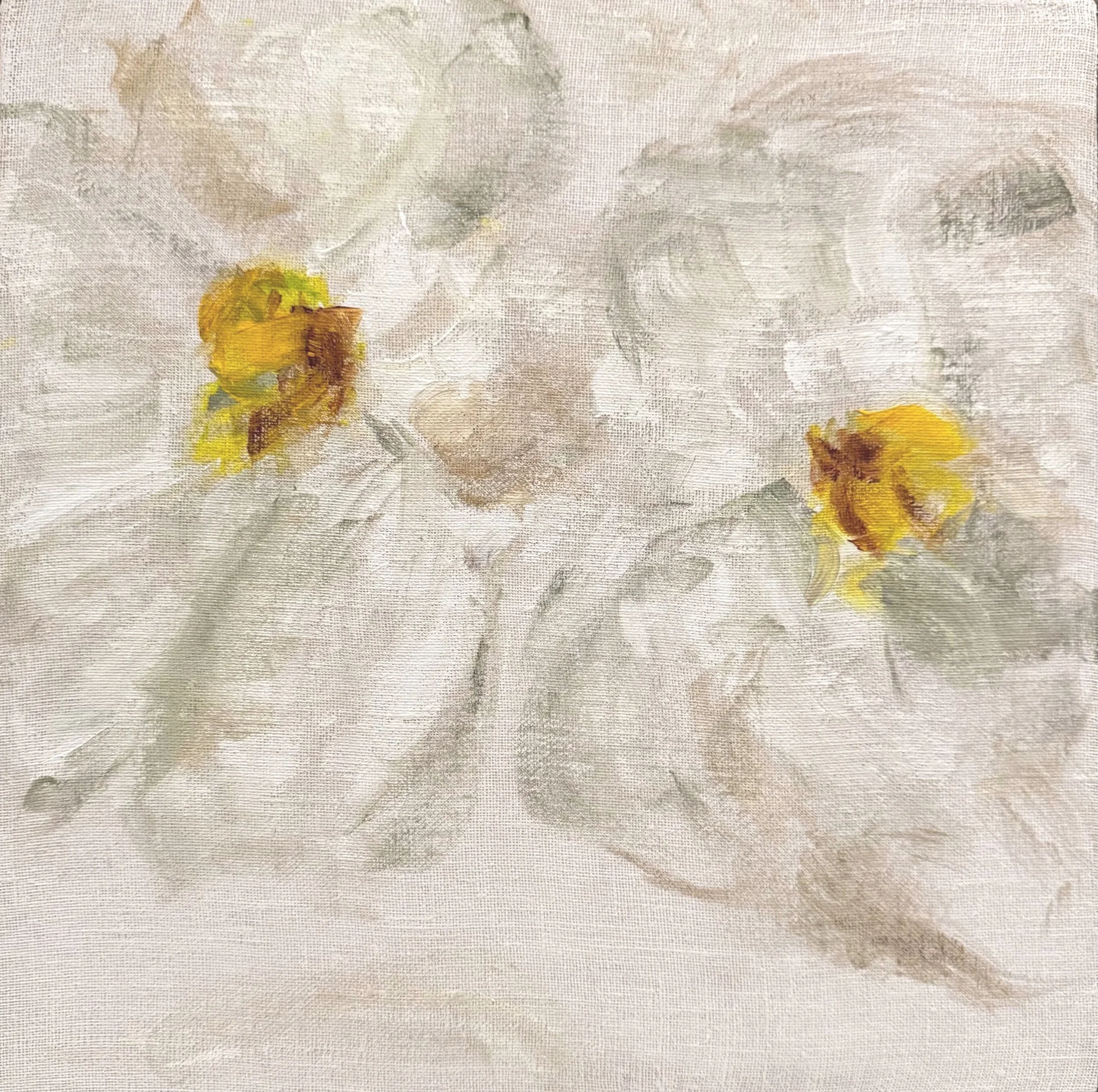 This is part one of a diptych, another in my mini-obsession with white magnolias, and is also part of my series on weddings and marriage.  The white pair represents the two partners of a marriage on their wedding day.

I prepared the surface by cover