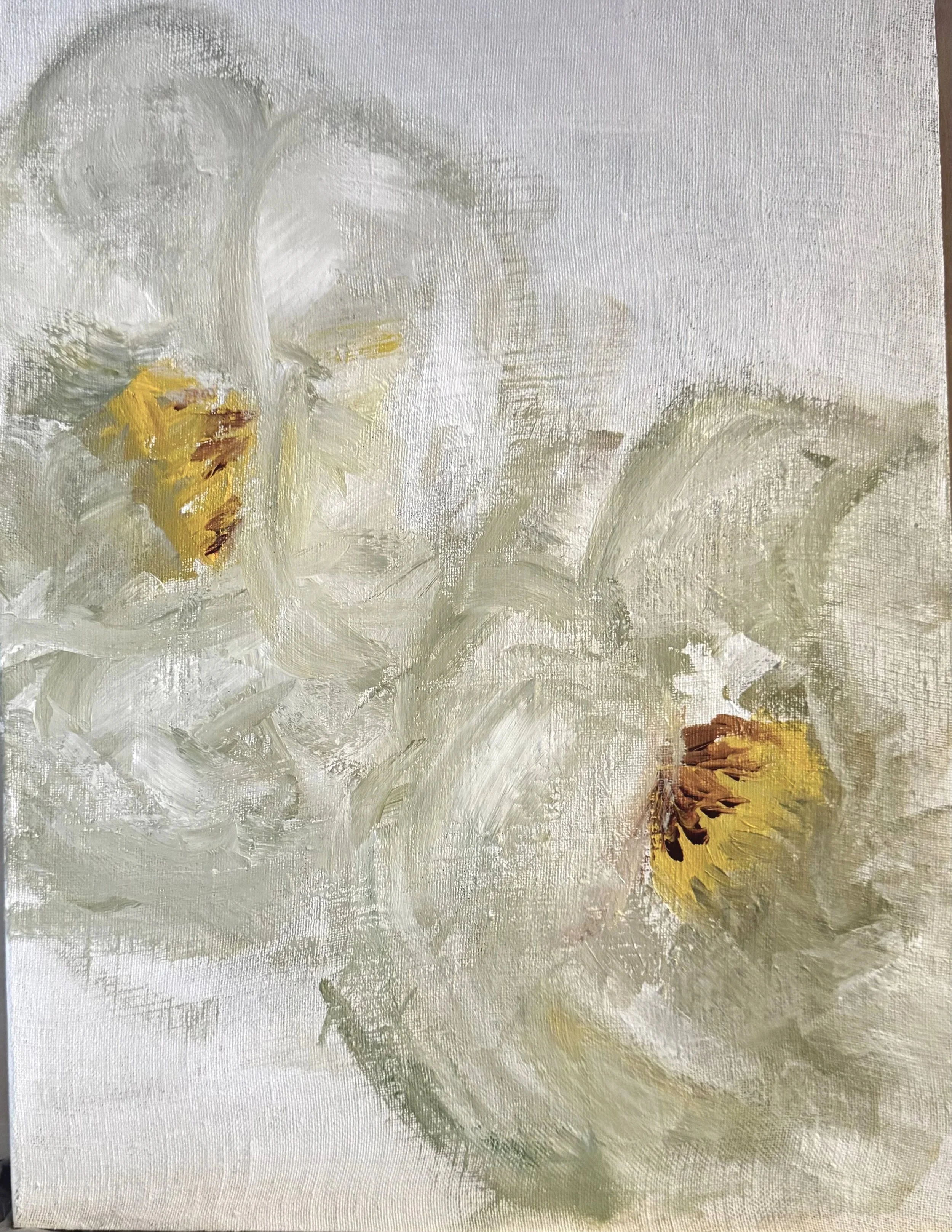 Magnolia Marriage #2 - acrylic on hand-prepared linen on board.

This is part two of a diptych, another in my mini-obsession with white magnolias, and is also part of my series on weddings and marriage.  The white pair represents the two partners of 