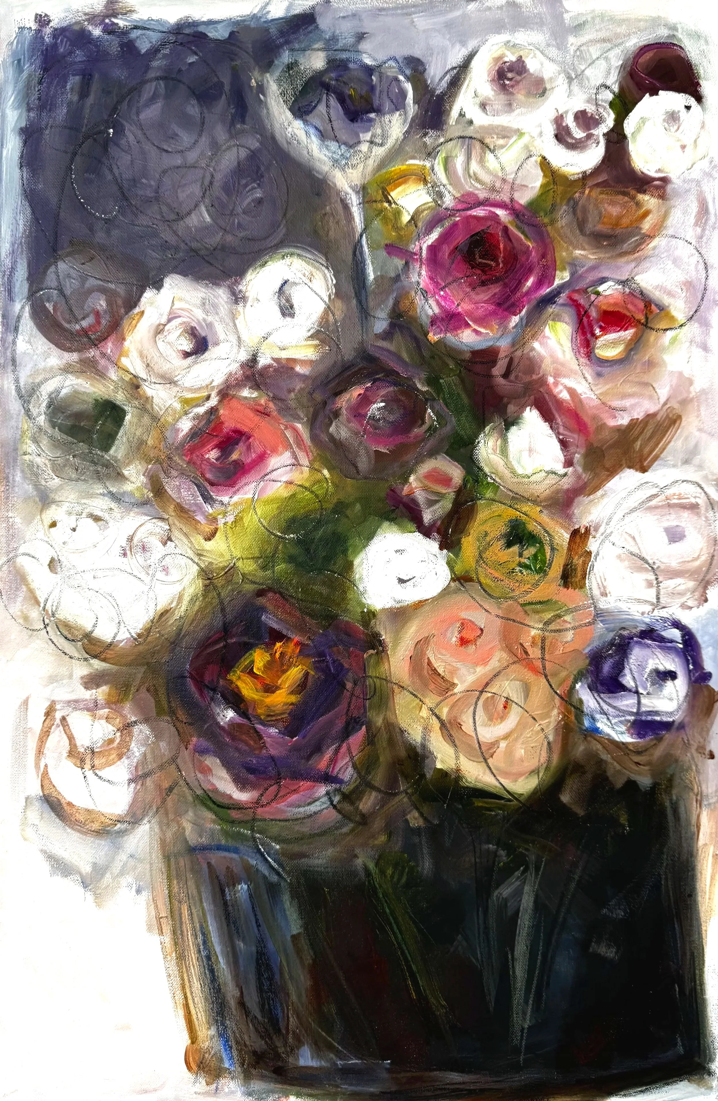 Scruffy Little Bunch — oil on canvas.

Just one vase in this one, but it's absolutely crammed full of scruffy, tangled, abstracted roses that clearly didn't get the memo about sitting still and looking pretty. Deep plums and pinks jostle against crea