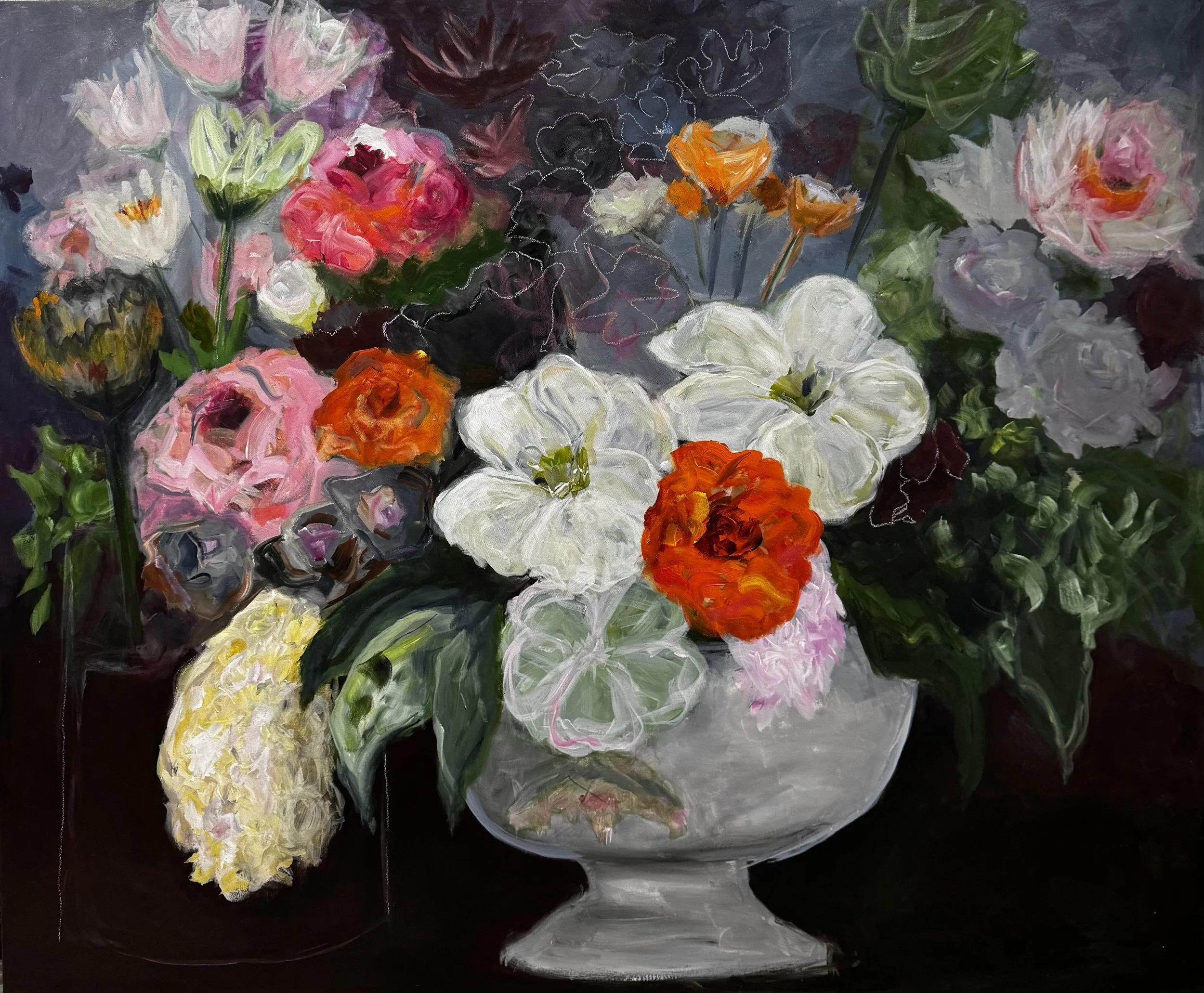 A War of Two Vases - acrylic on canvas, 1210mm x 1010mm.

This girl is big. It started with a beautiful bowl-like vase of flowers, and from there I just let my imagination take over, piling on this whole riot of blooms. Somewhere in the middle of tha