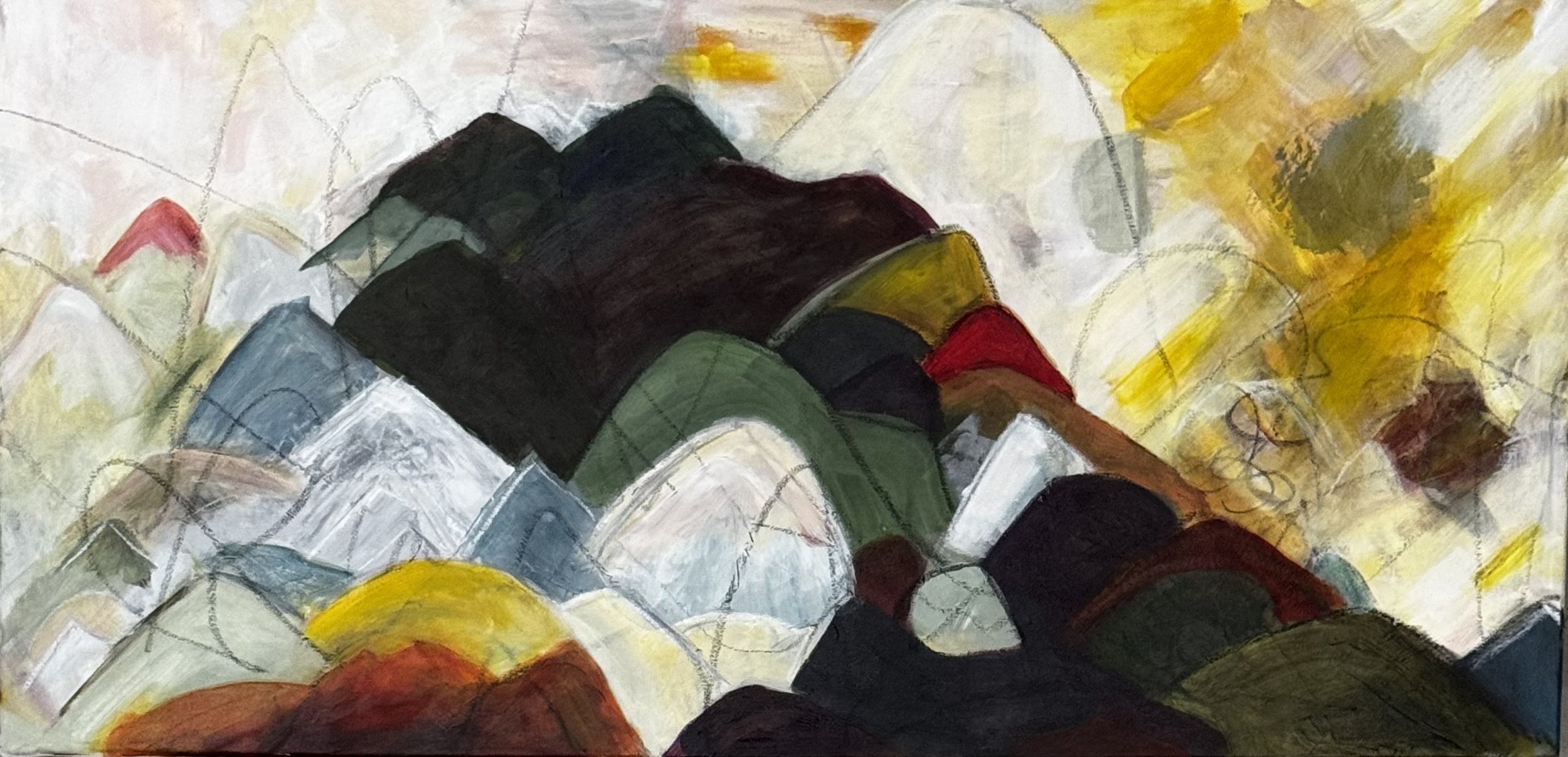 A Pile of Mountains — acrylic and oil on canvas,  410mm x 830mm.

My fascination with the shapes and layers of mountains just keeps growing, and this one pushes it further still. I'm also completely taken with the strong pink light that envelops the 