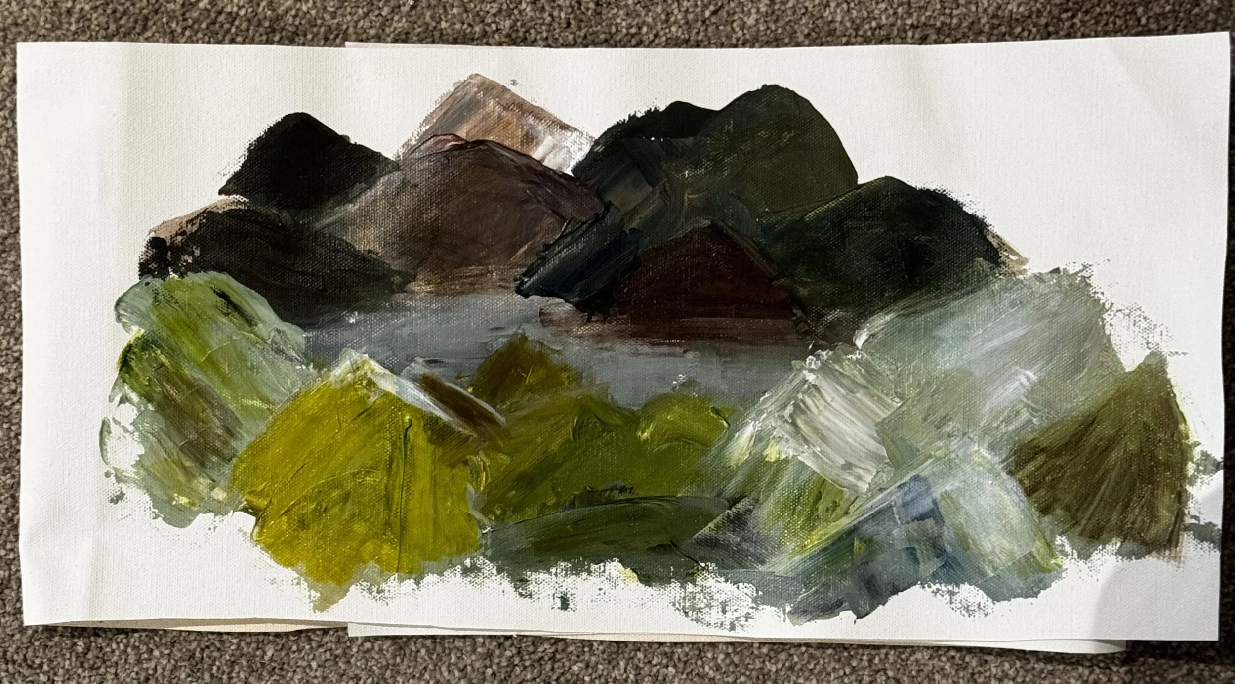 Queenstown Mountain Lake - small acrylic study on unstretched canvas.

I flew over Queenstown recently and saw a number of mountain lakes below. To me they felt moody and lonely, utterly beautiful, and this little study came out of that feeling.

Dar