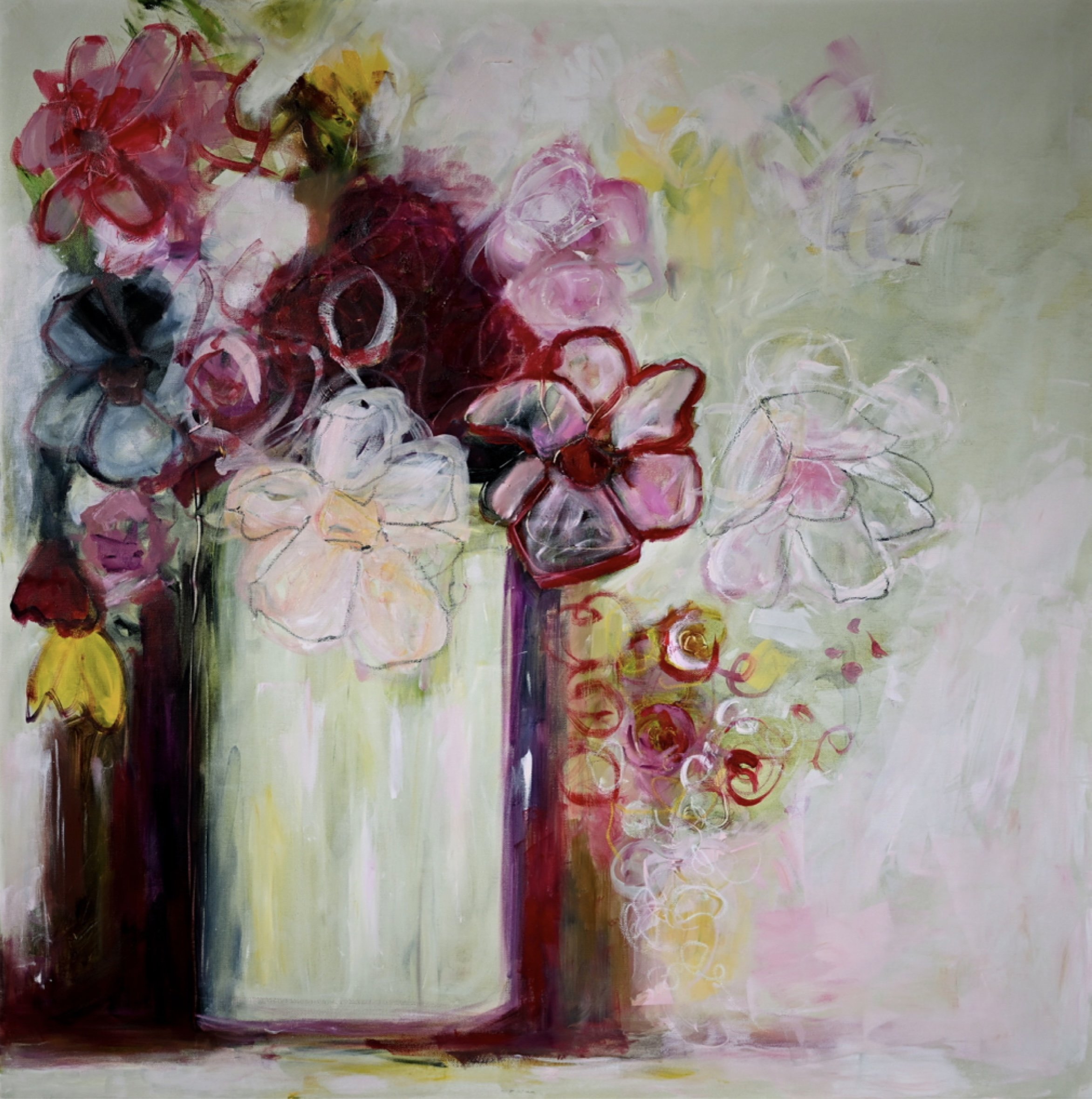 Overflowing - acrylic on canvas, 1010mm x 1010mm.

This one had a mind of its own from the start. I set out for soft, muted blooms, but the flowers had other plans - some turned bold and saturated in deep reds and blacks, others got playful and turne