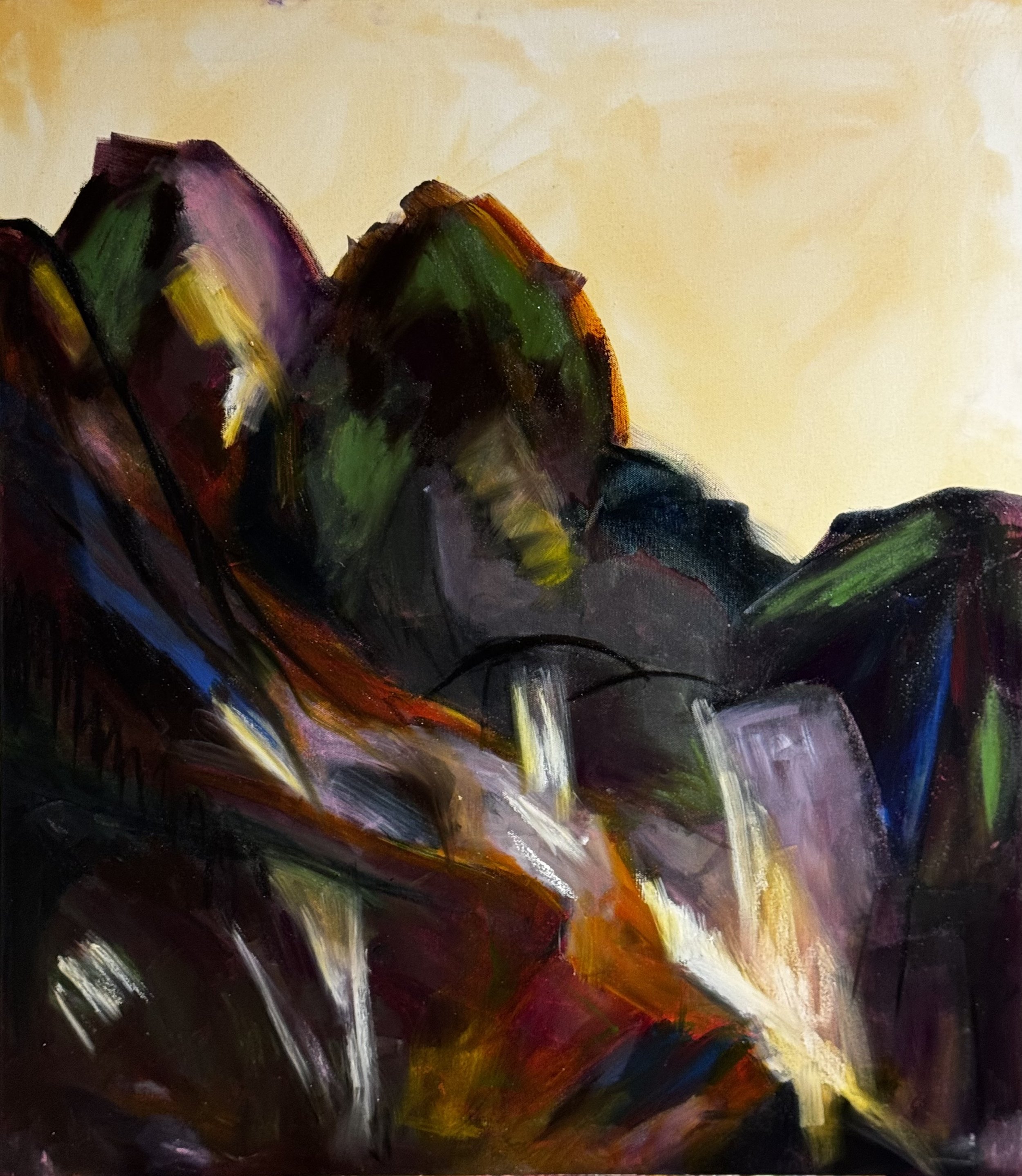 Mountains at Chinaman’s Bluff #1 - mixed media on canvas 750mm x 660mm.

Chinaman’s Bluff in Mt Aspiring National Park is at the heart of this piece, its colours reflecting the beauty and power of the landscape.  It’s rugged and intense, holding onto