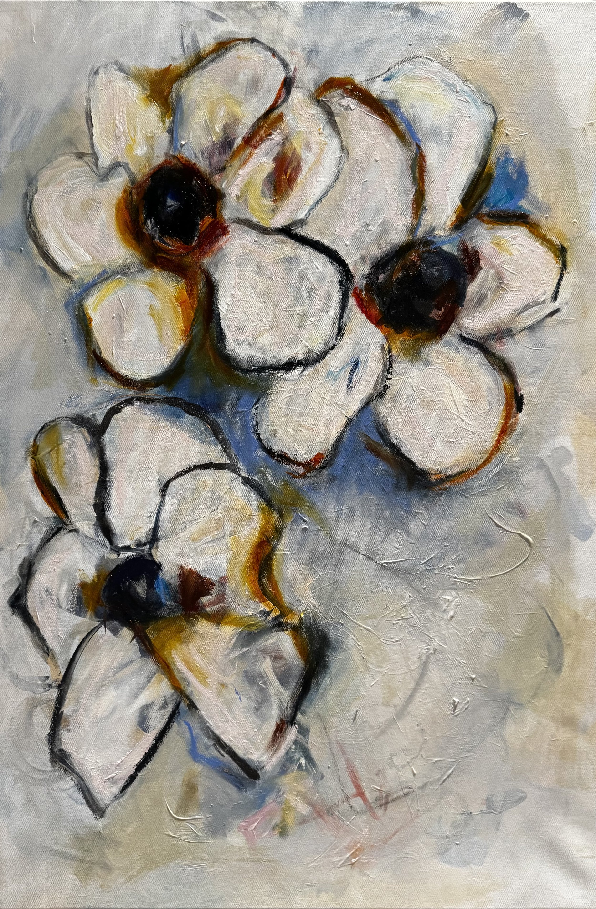 Juicy - acrylic and oil pigment stick on canvas, 910mm x 610mm.

The name for this one came from a friend, who took one look at those warm rust and gold marks bleeding into the white petals and said they looked juicy. It stuck immediately, because th