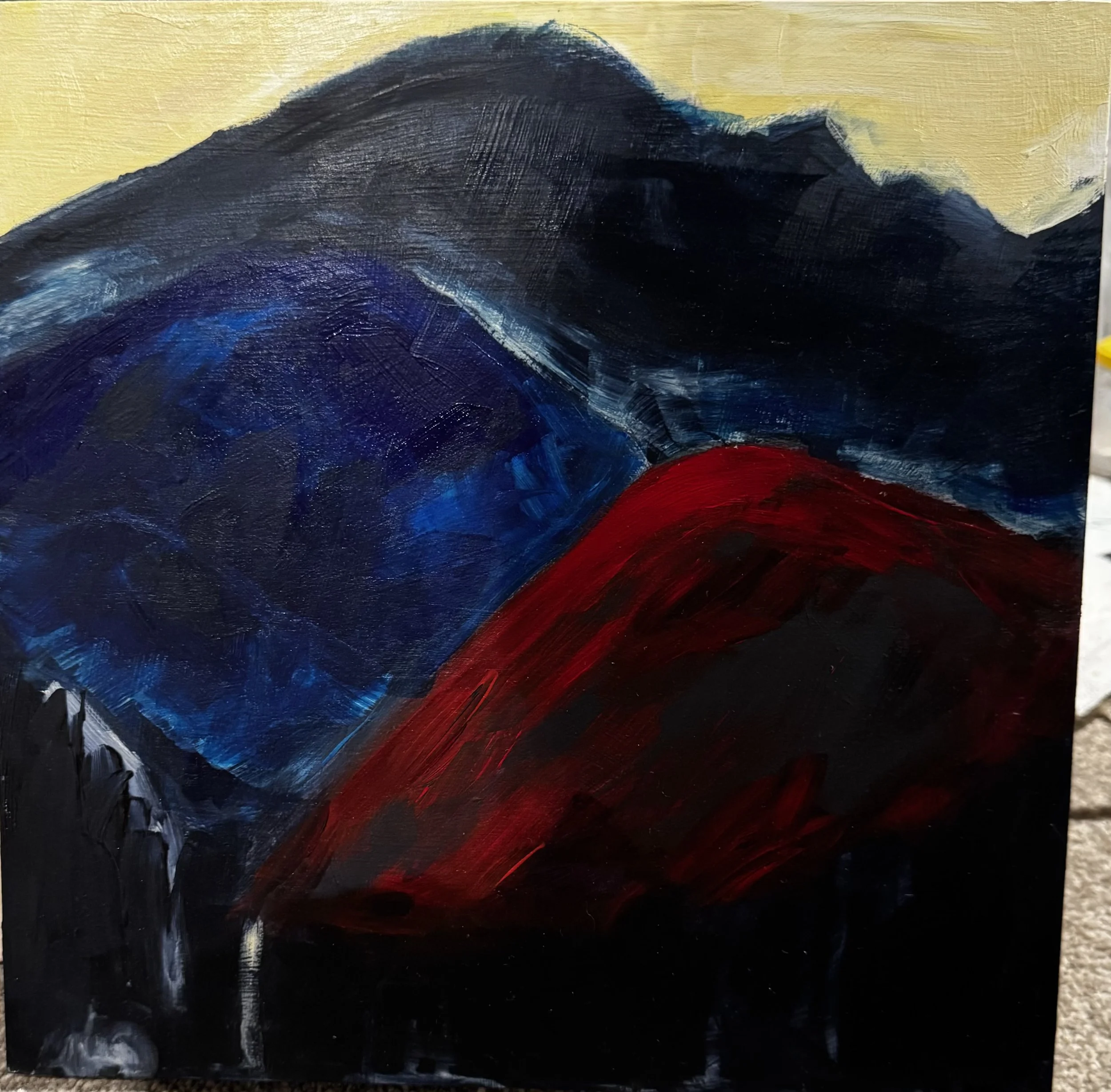 Arrowtown's Sleeping Child — acrylic on board, 300mm x 300mm.

The view from our home in Arrowtown takes in the sleeping child, the profile of the mountains that wrap around the town, looking northwest. Locals call it that as the outline reads like t