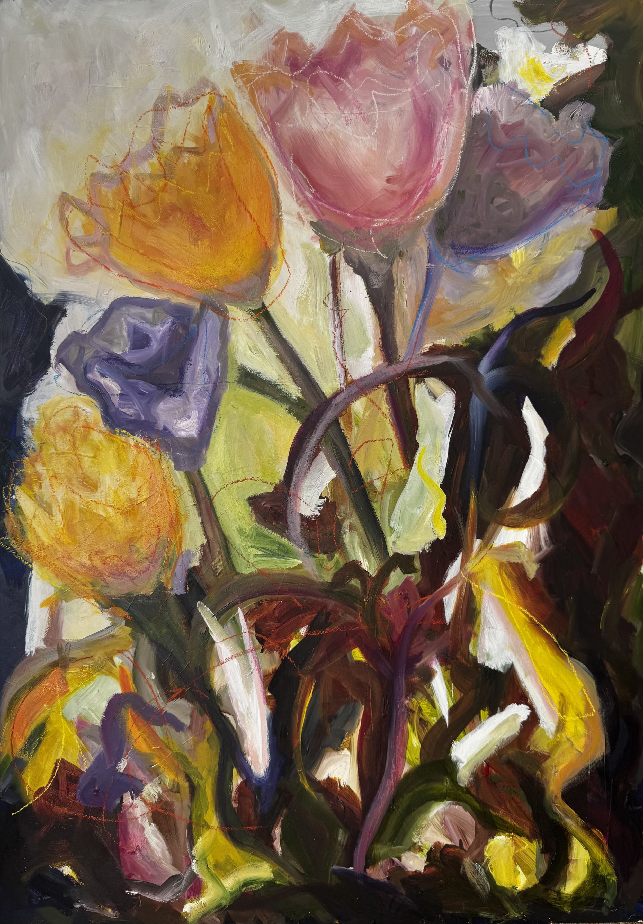 Flowers in My Auckland Window - oil on board.

This one came about after a creative friend got talking about her dad and his love of painting with oils. I'd dabbled in oils back in the 90s but my impatience won out, and I'd switched to acrylics for a