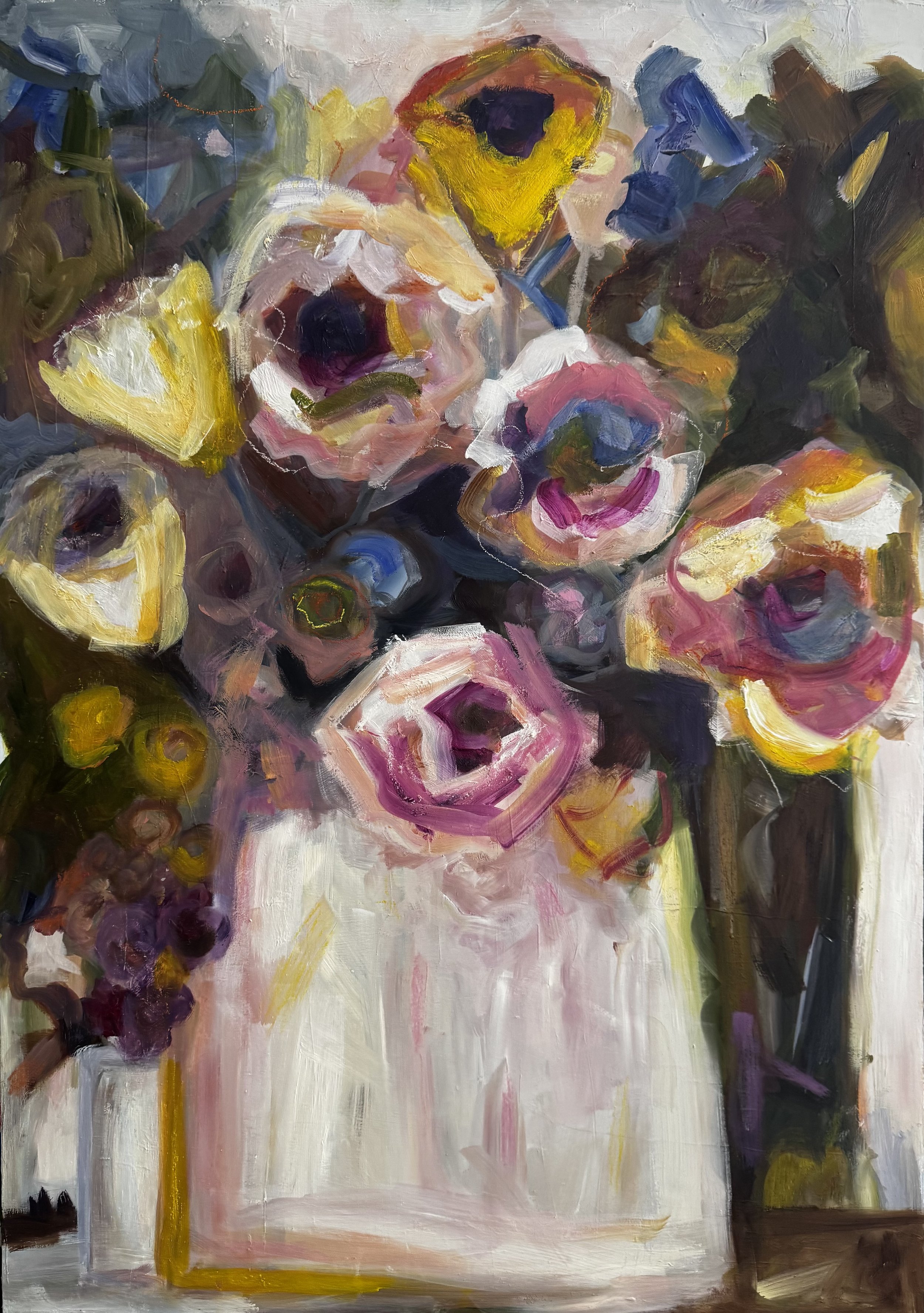 Big People - oil on board.

The flowers in this one are properly grand, big blousy blooms in soft peach, dusty pink and creamy white, each one crowding in on its next-door neighbour. A few bursts of deep orange and marigold push through near the top,