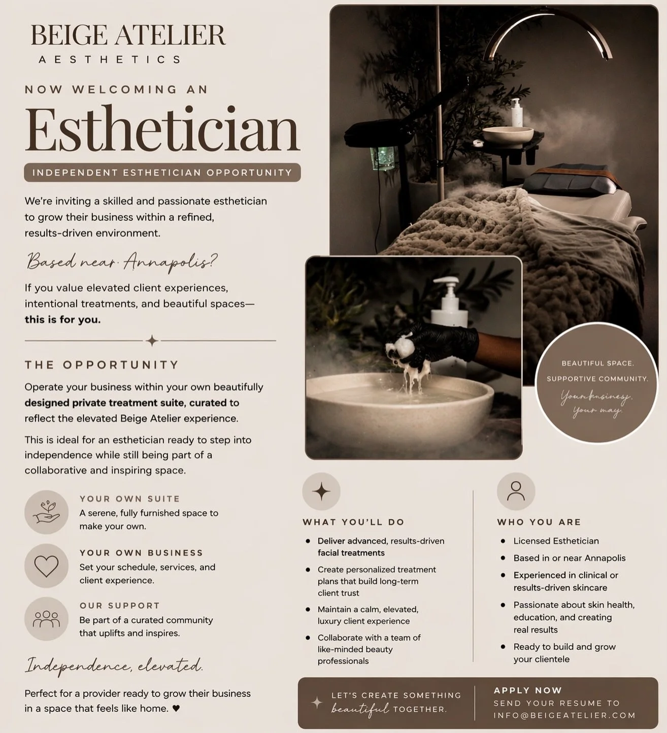 Now welcoming an esthetician | Annapolis, MD

Beige Atelier is opening space for a licensed esthetician in Annapolis or the surrounding Maryland area who is ready to grow within a refined, client centered environment.

This is for the esthetician who