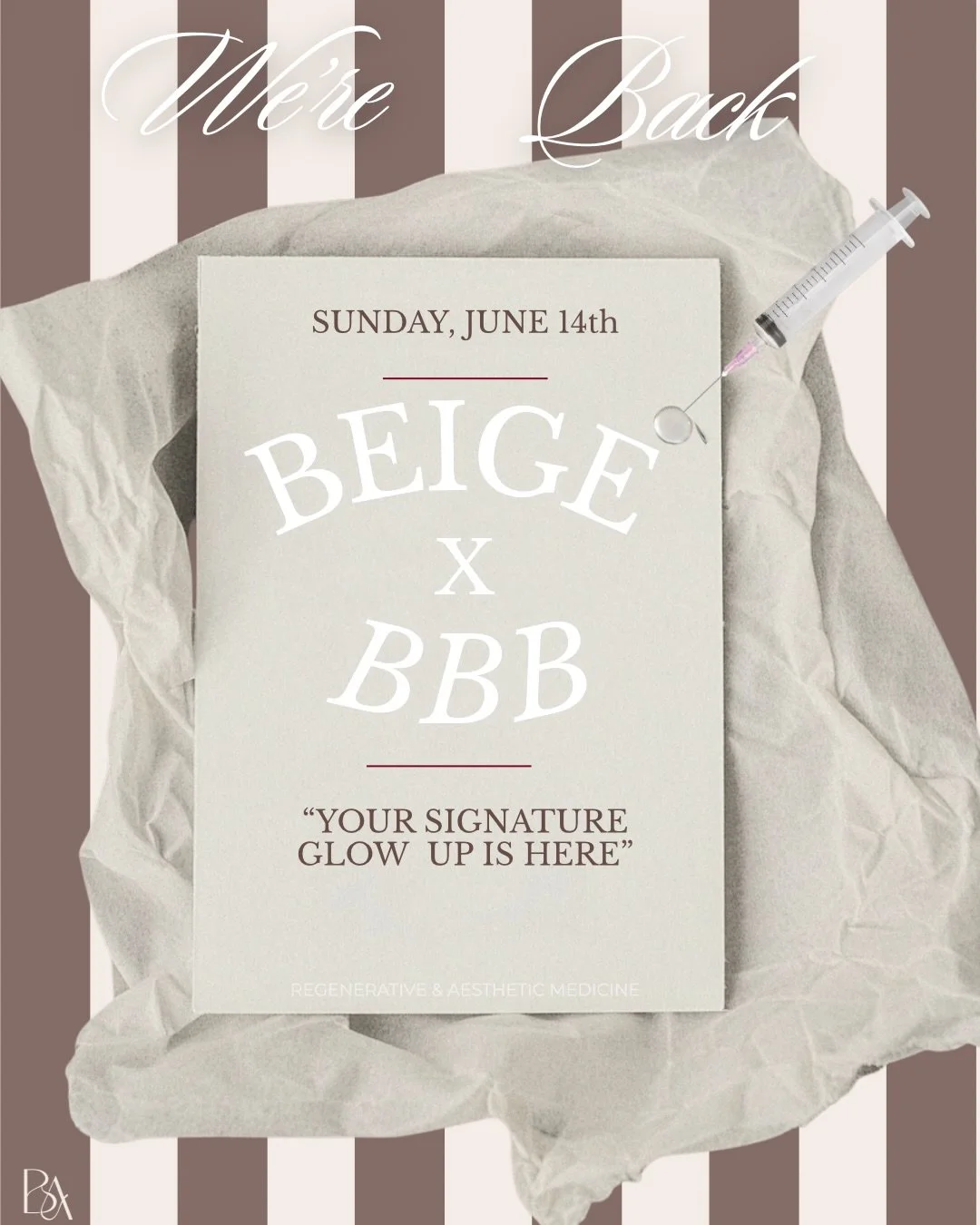 BEIGE &times; BBB

We&rsquo;re back.

Join us June 14th for an intimate day of aesthetic treatments, wellness therapies, and elevated self-care.

From dermal filler and glow facials to IV hydration and B12 shots, each service is thoughtfully designed