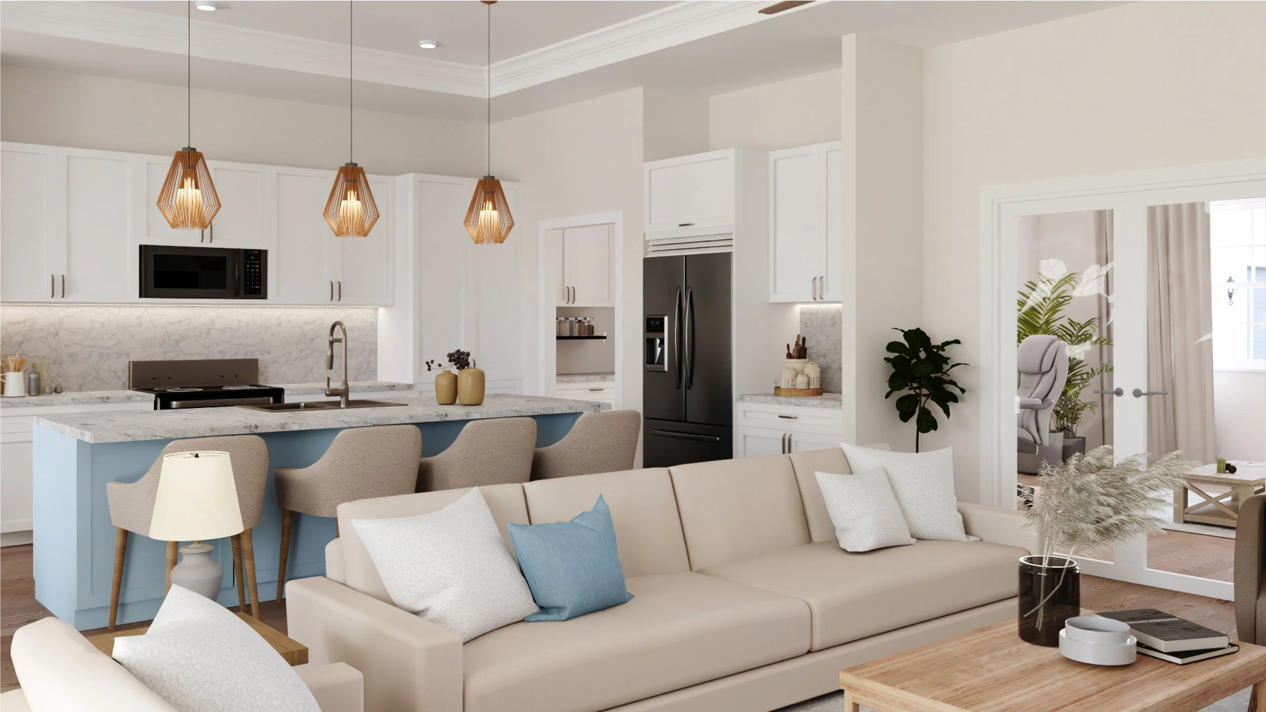 Open-concept living room and kitchen with white cabinets, marble countertops, pendant lights above the island, beige and blue accents, and a doorway leading to an office with a gray chair and plants.