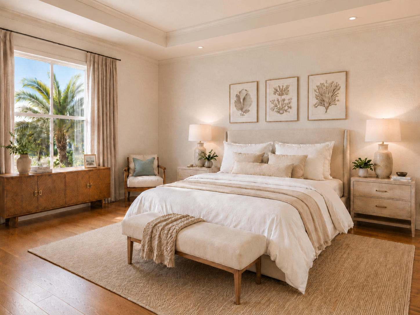 A cozy bedroom with a large bed, white bedding, and decorative pillows. There are matching nightstands with lamps on both sides of the bed. A wooden sideboard with vases and framed photo near a window with beige curtains. Framed botanical artwork dec
