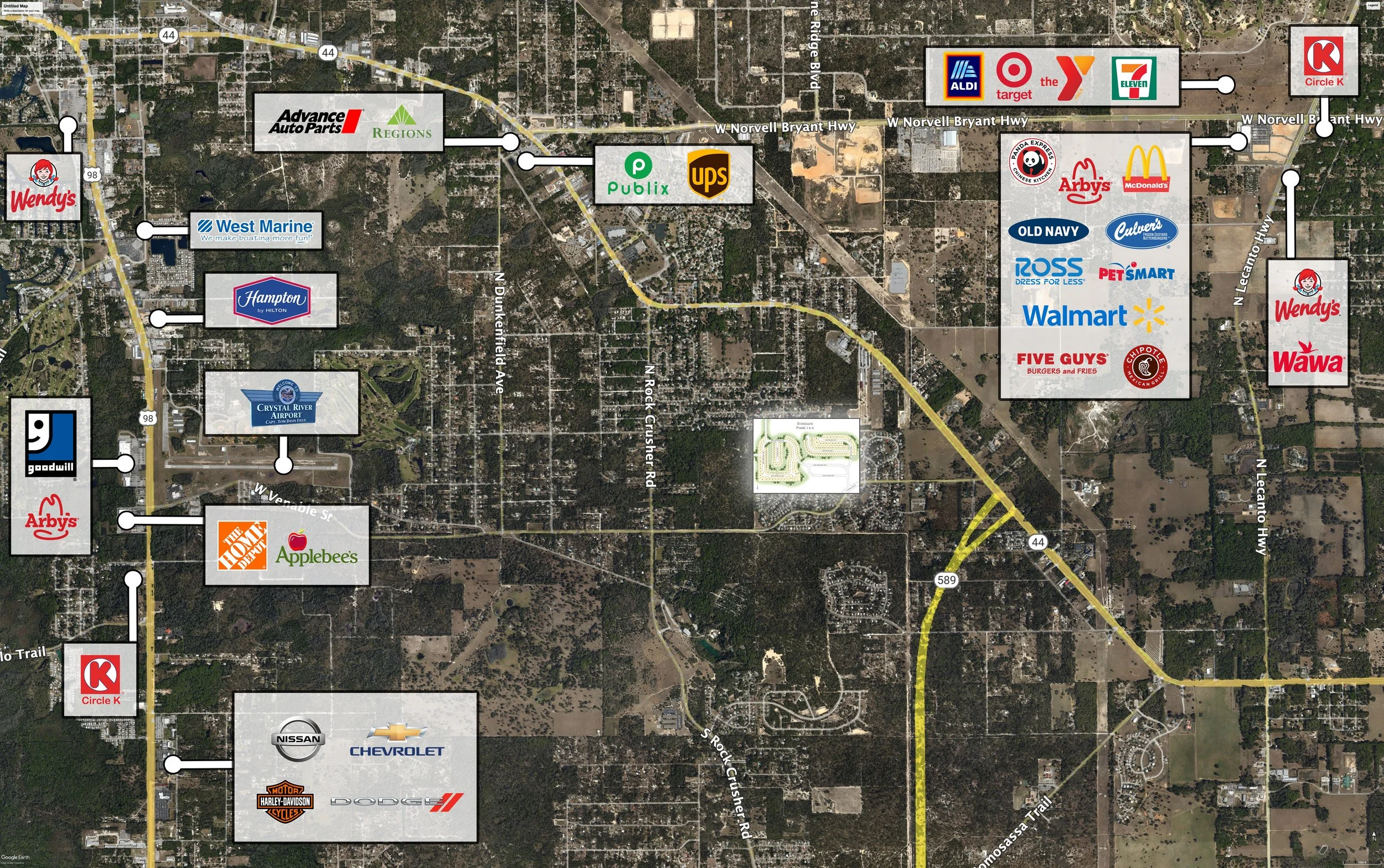 Map of stores and businesses along Highway 98 and nearby streets, including grocery stores, fast food restaurants, auto parts, retail chains, and a car dealership.
