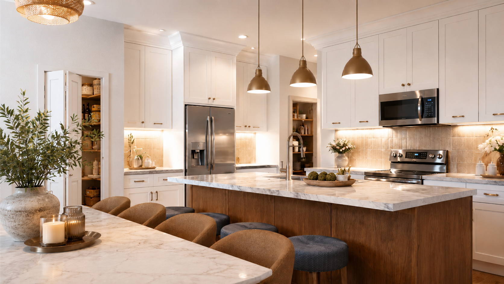 Modern kitchen with white cabinets, stainless steel appliances, marble countertop, pendant lighting, and a dining table with candles and a large potted plant.