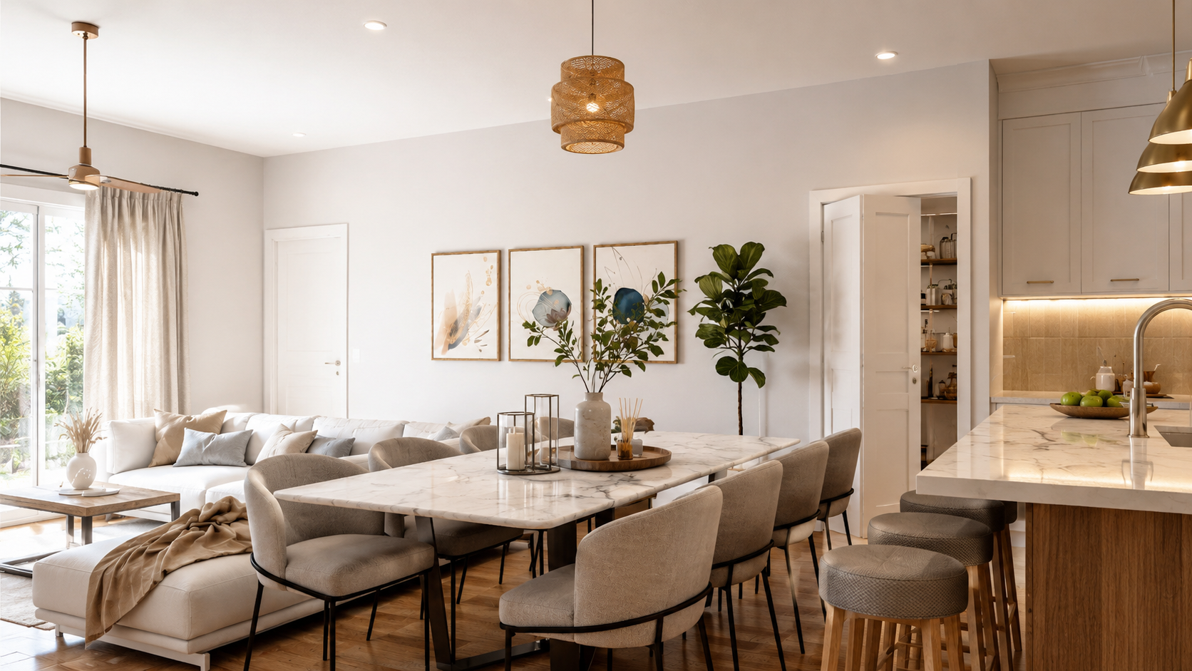 A modern open-concept living room and kitchen with a marble dining table, beige upholstered chairs, a white sofa with cushions, large windows with curtains, framed artwork, potted plants, and a kitchen with a marble countertop and stools.