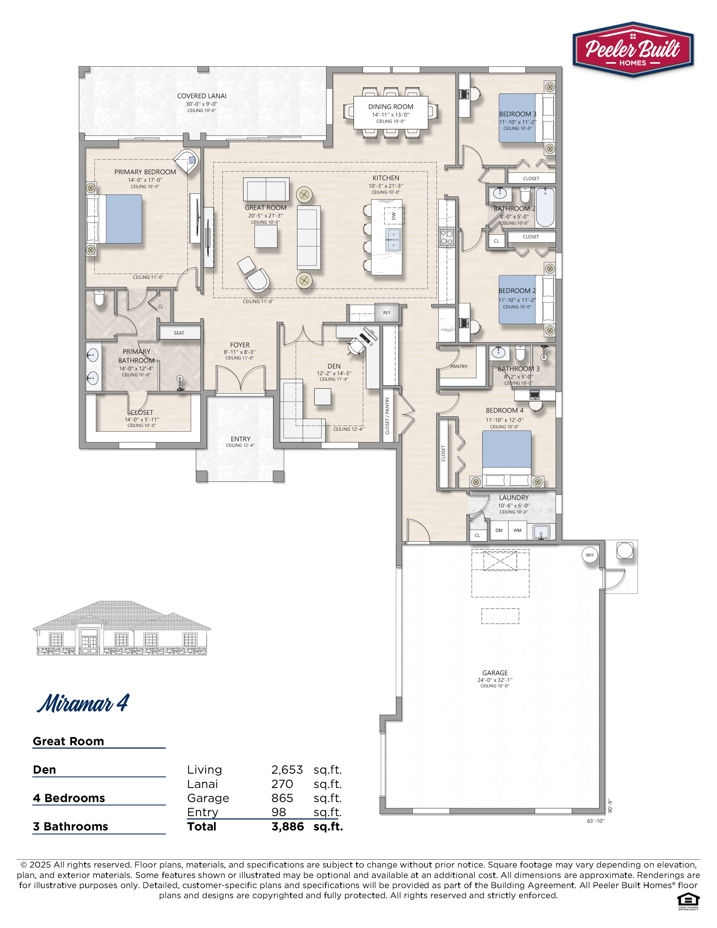 Floor plan of a house with labeled rooms including primary bedroom, bathroom, den, great room, kitchen, bedrooms 2, 3, 4, laundry, garage, and outdoor lanai.