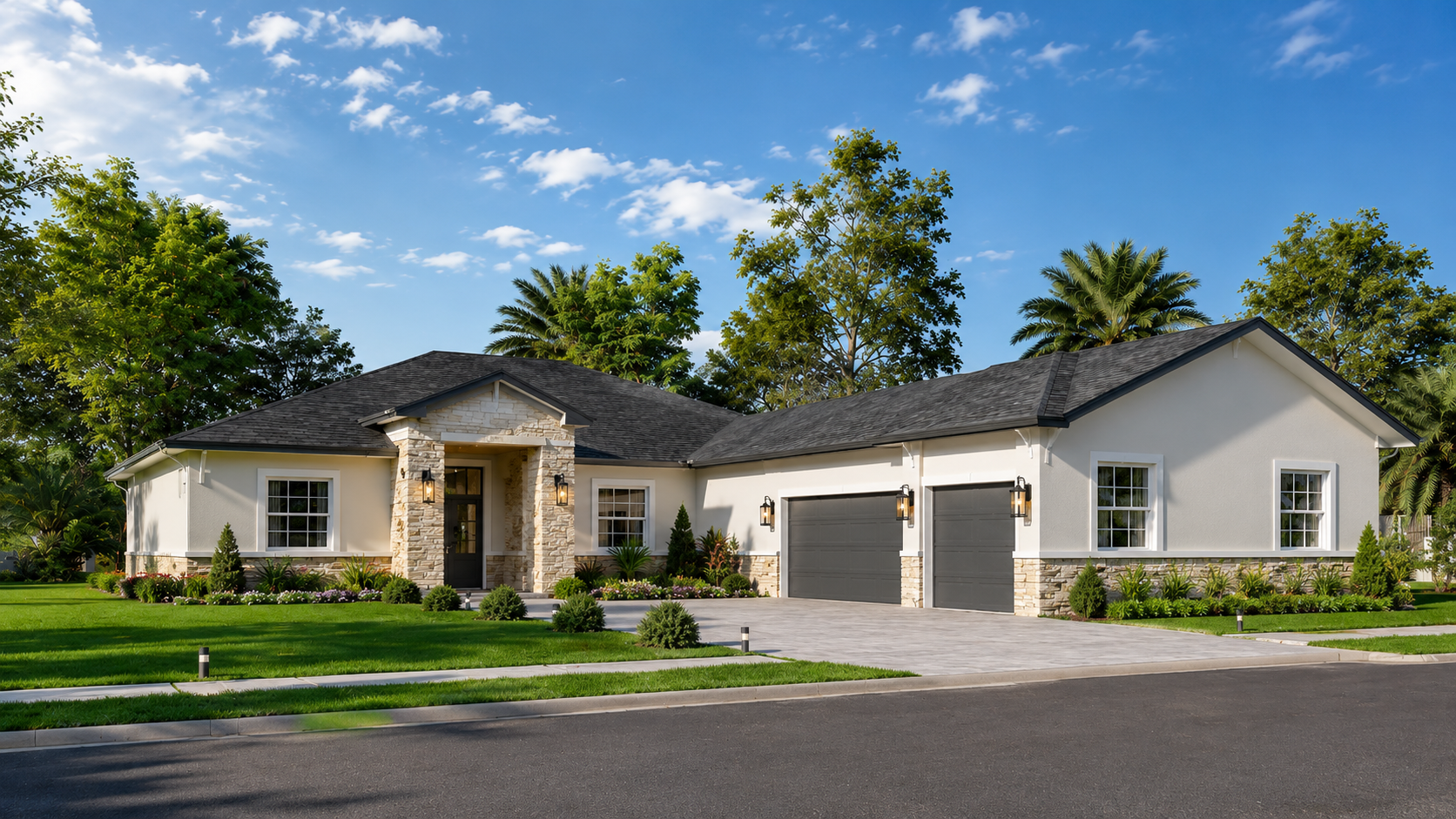 Modern single-story house with white exterior, black garage doors, stone accents, front yard with green grass, flowering plants, and trees in the background under blue sky.