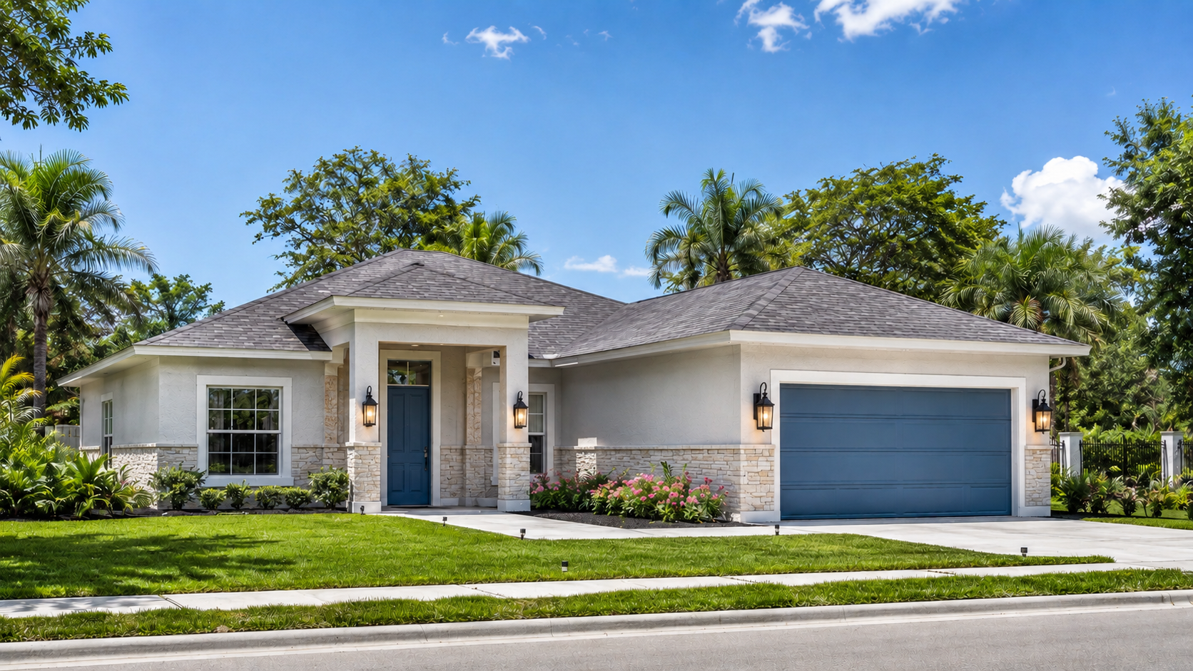 A modern white house with a blue garage door and blue front door, surrounded by trees and landscaping, under a clear blue sky.