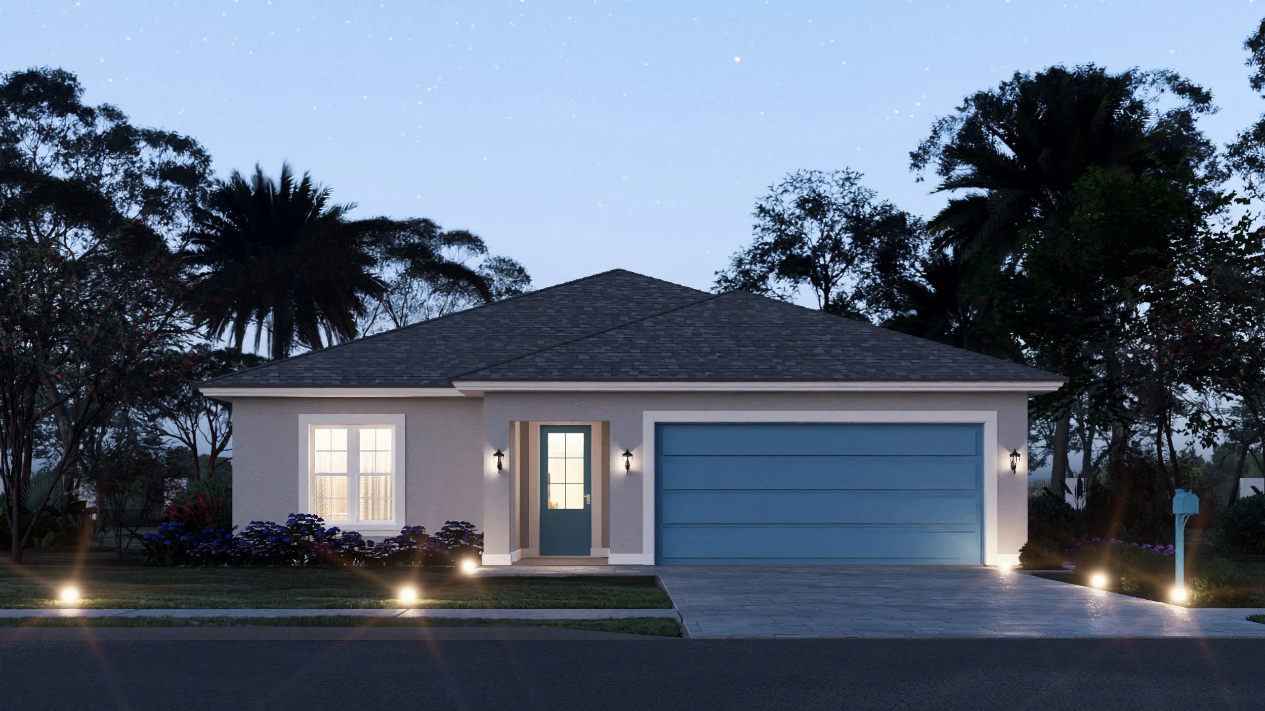 Exterior view of a modern house at dusk with a lit front door, illuminated pathway, and a closed garage door, surrounded by trees and landscaped garden.