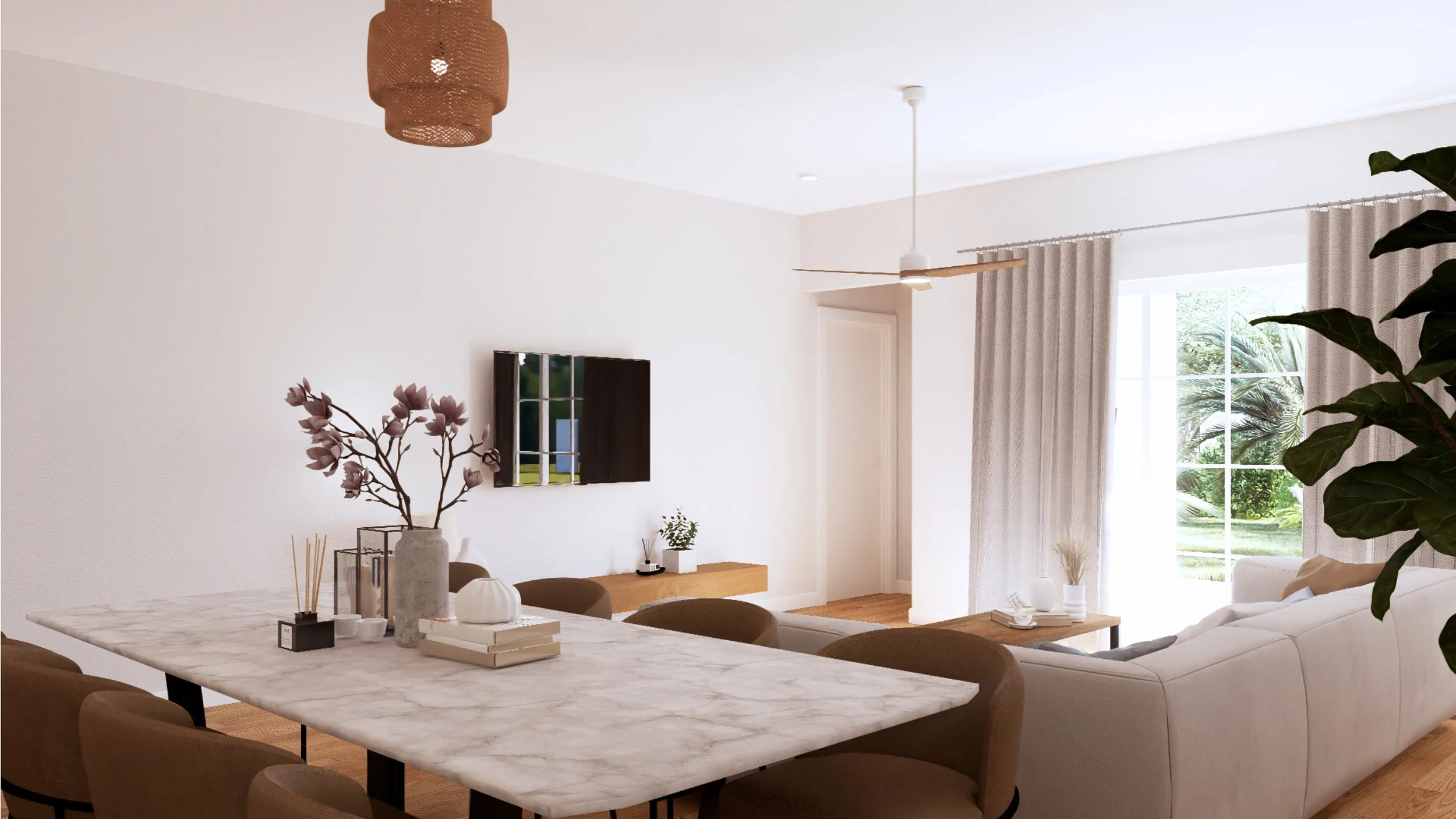 Modern living and dining room interior with white walls, large window with cream curtains, white sofa, wooden coffee table, marble dining table with brown chairs, ceiling fan, decorative vases and plants.