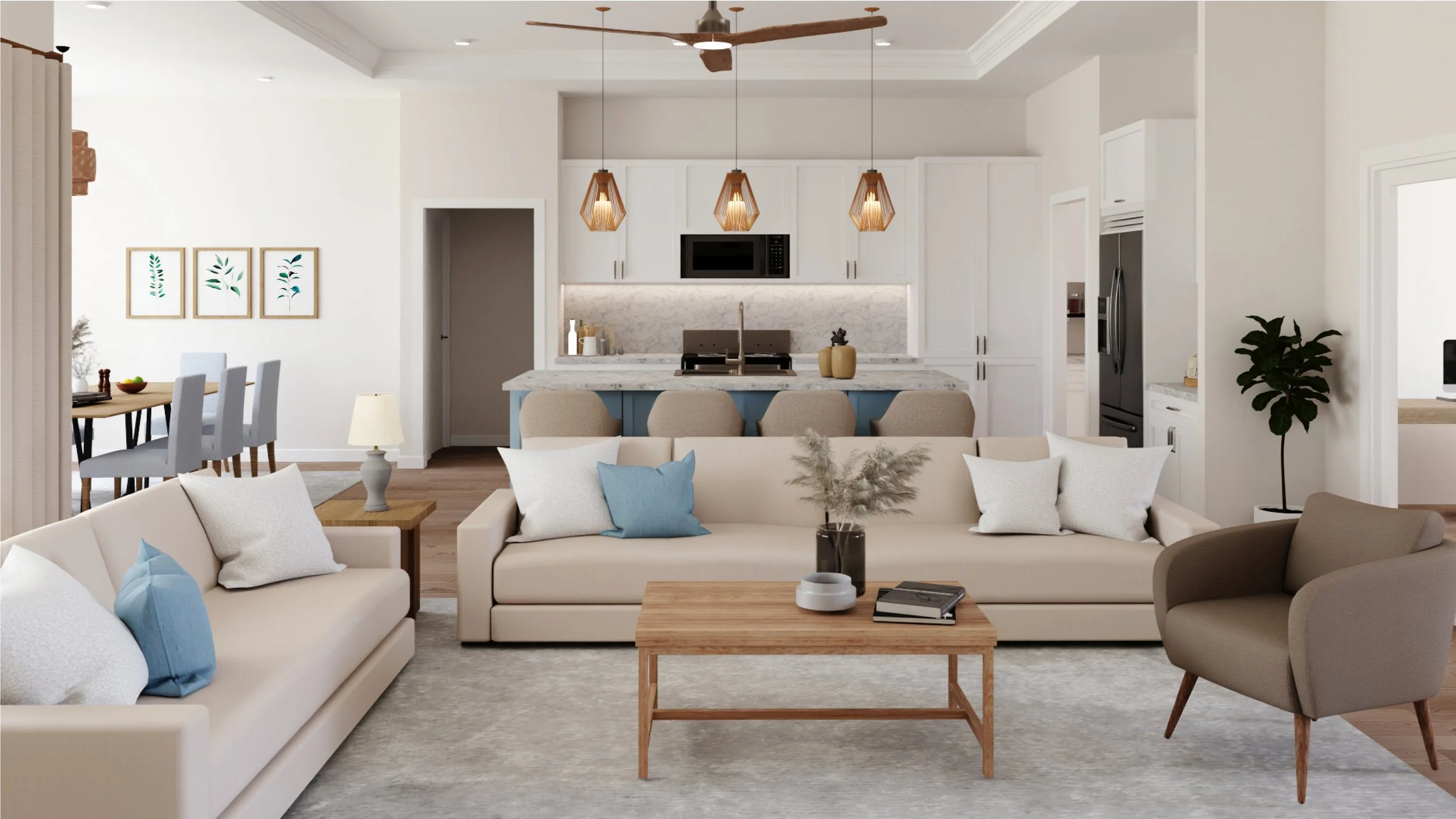 Open-concept living room with beige sofas, a wooden coffee table, a beige armchair, and decorative pillows, with a kitchen featuring white cabinets, a marble backsplash, hanging pendant lights, and a breakfast bar in the background.