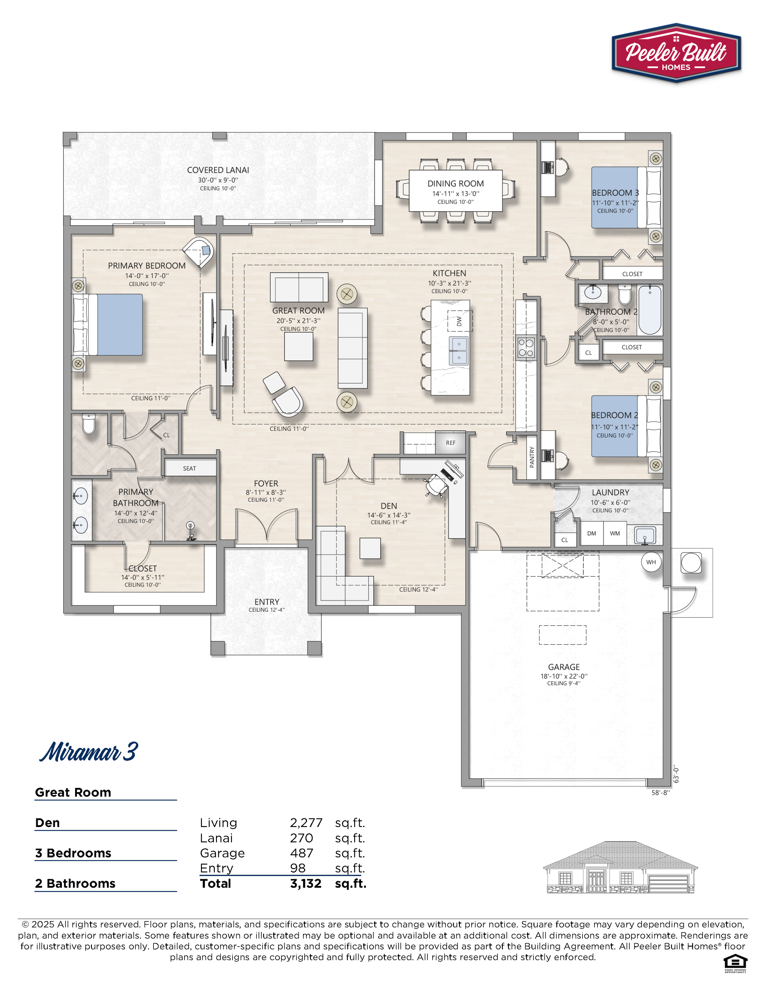 Floor plan of a house with labeled rooms including a covered lanai, dining room, primary bedroom, bathroom, closet, and garage. The house features a great room, kitchen, secondary bedrooms, laundry room, den, and entry area.