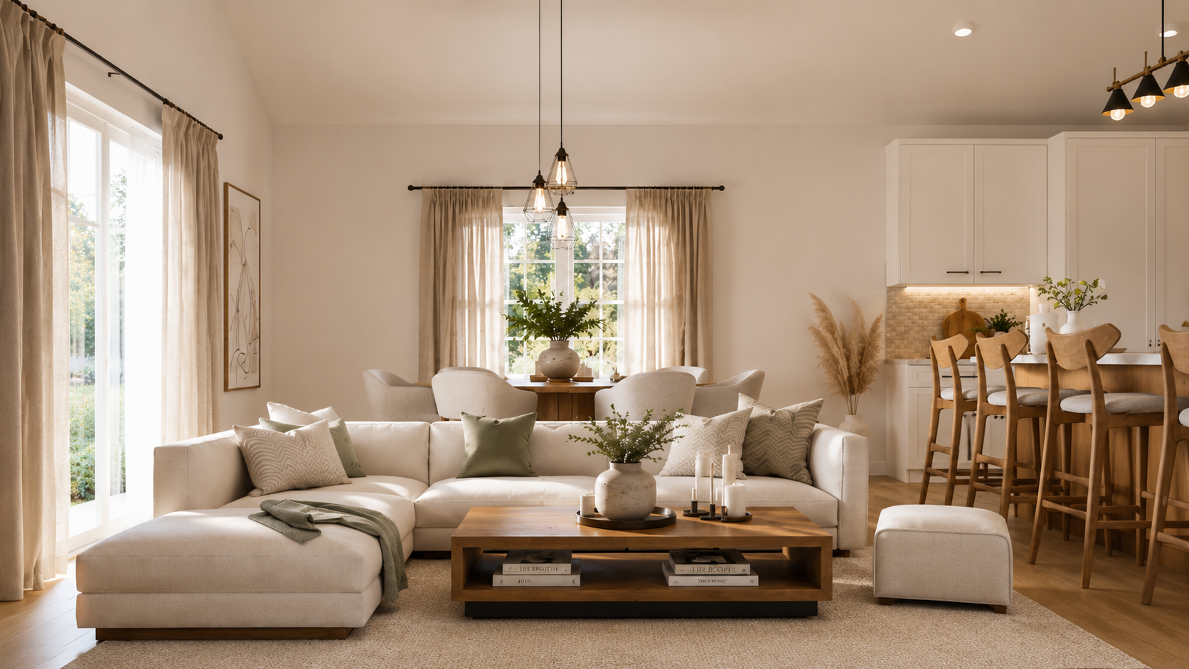 A bright and cozy living room with cream-colored furniture, a wooden coffee table decorated with vases and candles, large windows with beige curtains, a dining area with six chairs, white cabinets in the kitchen, and decor elements including plants a