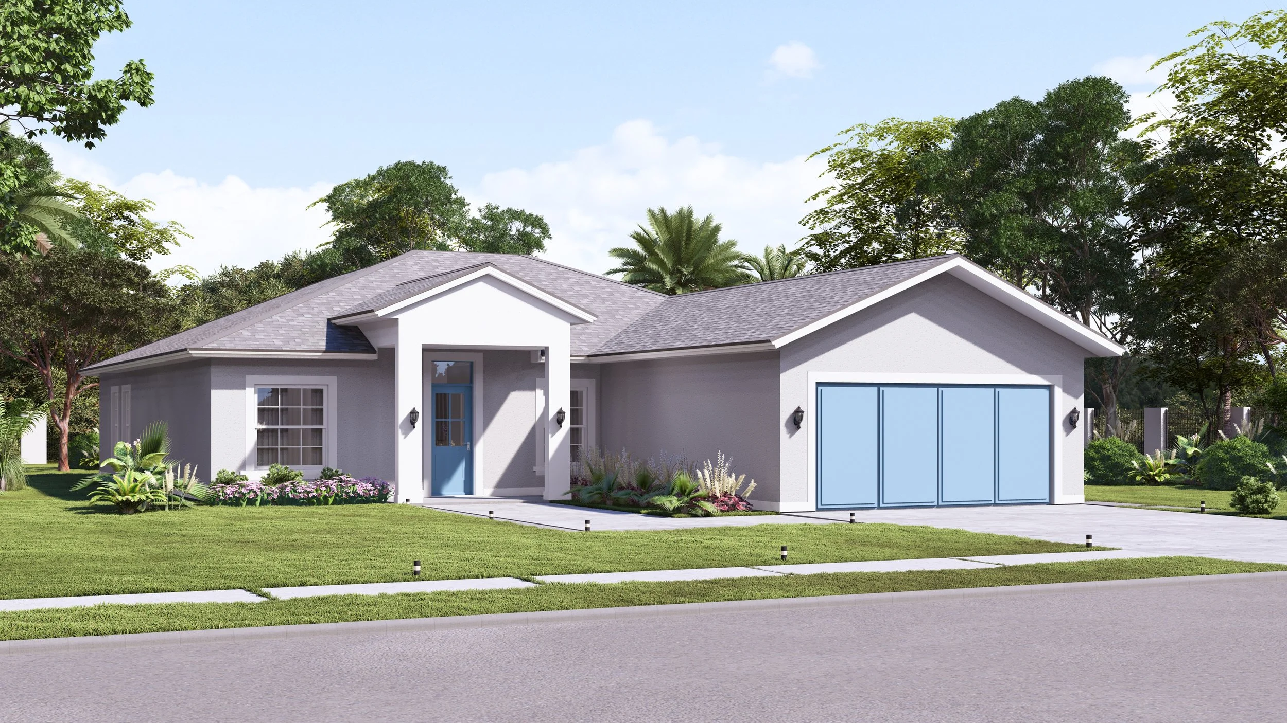 Modern single-story house with a white exterior, blue garage doors, surrounded by green lawn and landscaped plants, set against a background of trees and a blue sky.