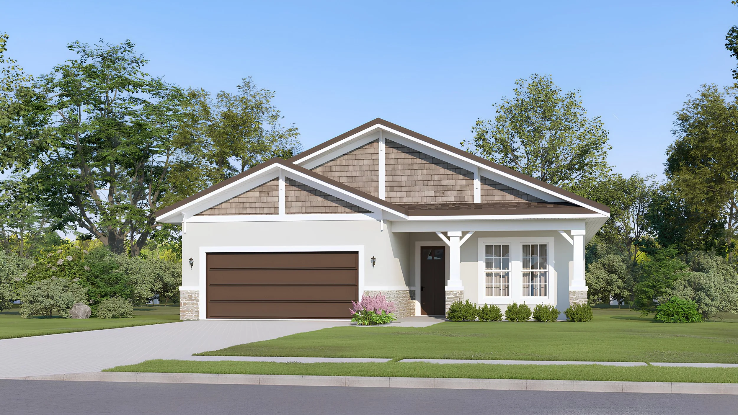 A modern single-family house with a brown garage door, white exterior walls, brown shingle accents, a front porch with a small garden, and a green lawn with trees in the background under a clear blue sky.