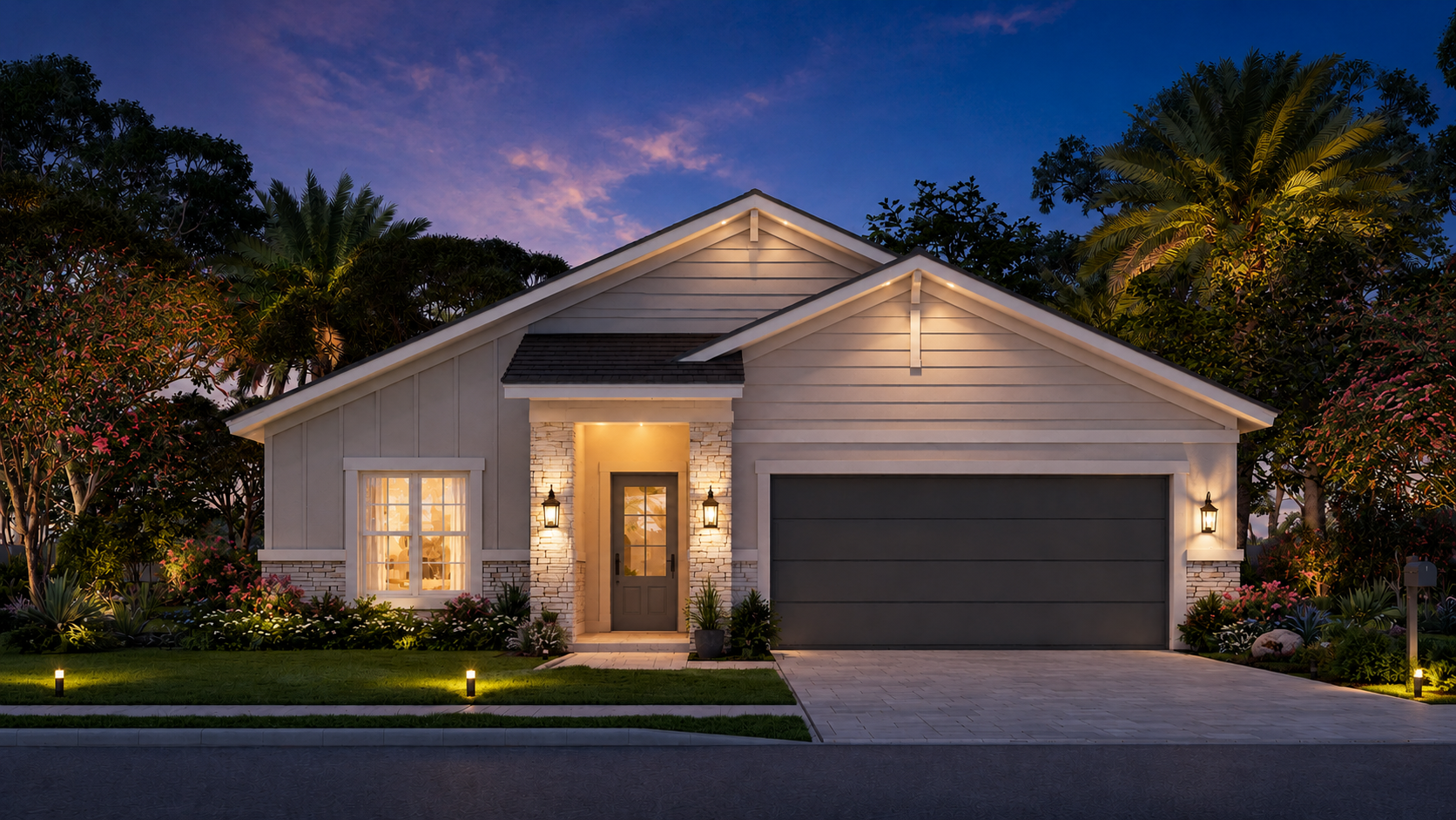 A modern single-story house illuminated at dusk, featuring a gray garage door, front door with sidelight, exterior wall lanterns, stone accents, and a landscaped front yard with pathway lights and lush plants.