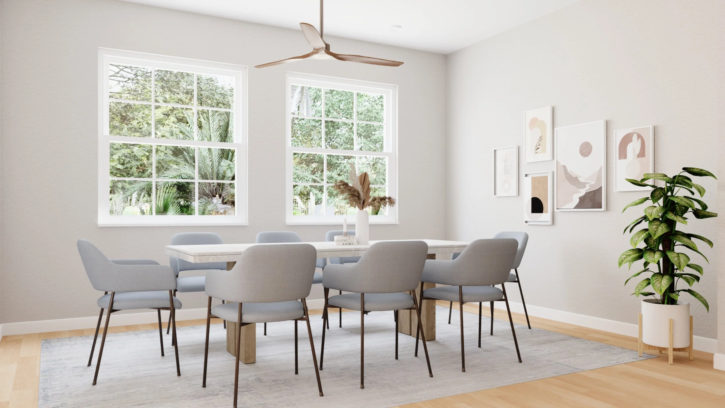 Modern dining room with white walls, large windows, a white dining table with eight light gray chairs, a light-colored rug, minimalist wall art, and a large potted plant.