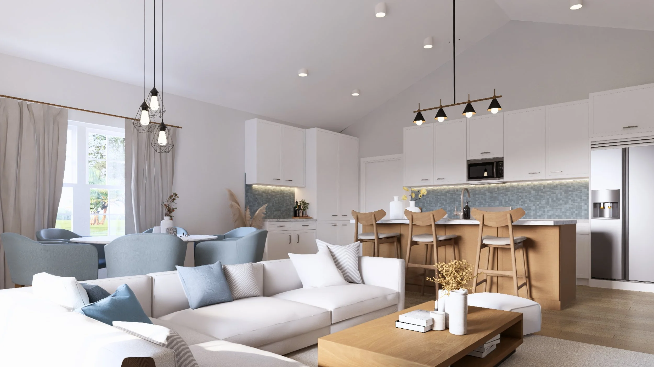 Open-concept living area with white walls, a white sofa with blue and gray pillows, a wooden coffee table with decorative vases and books, a kitchen with white cabinets, a blue tile backsplash, a wooden island with bar stools, and a dining area with 