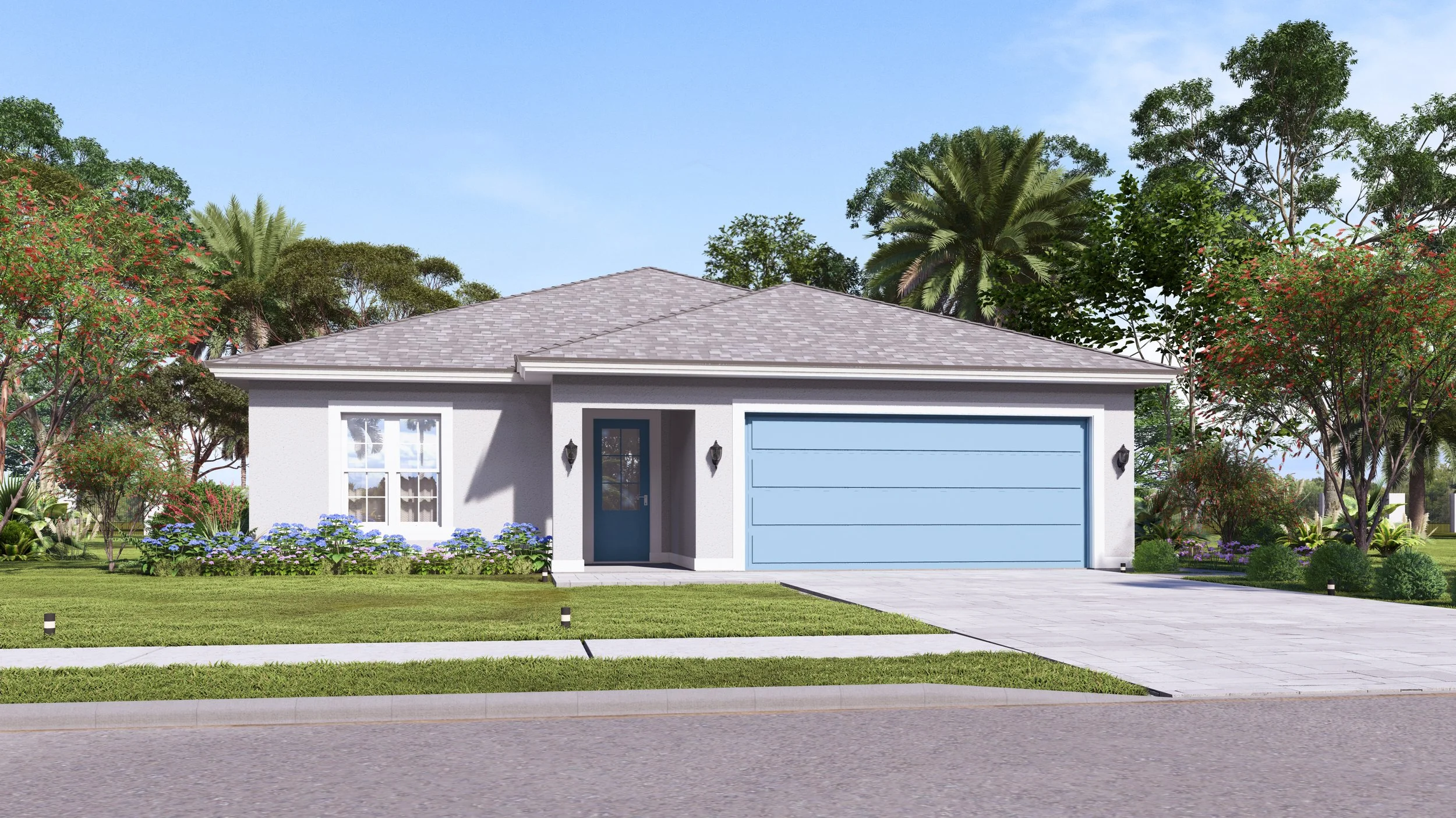 Modern single-story house with white exterior, a blue garage door, front door, small window, and well-maintained front yard with landscaping and trees, under a clear blue sky.