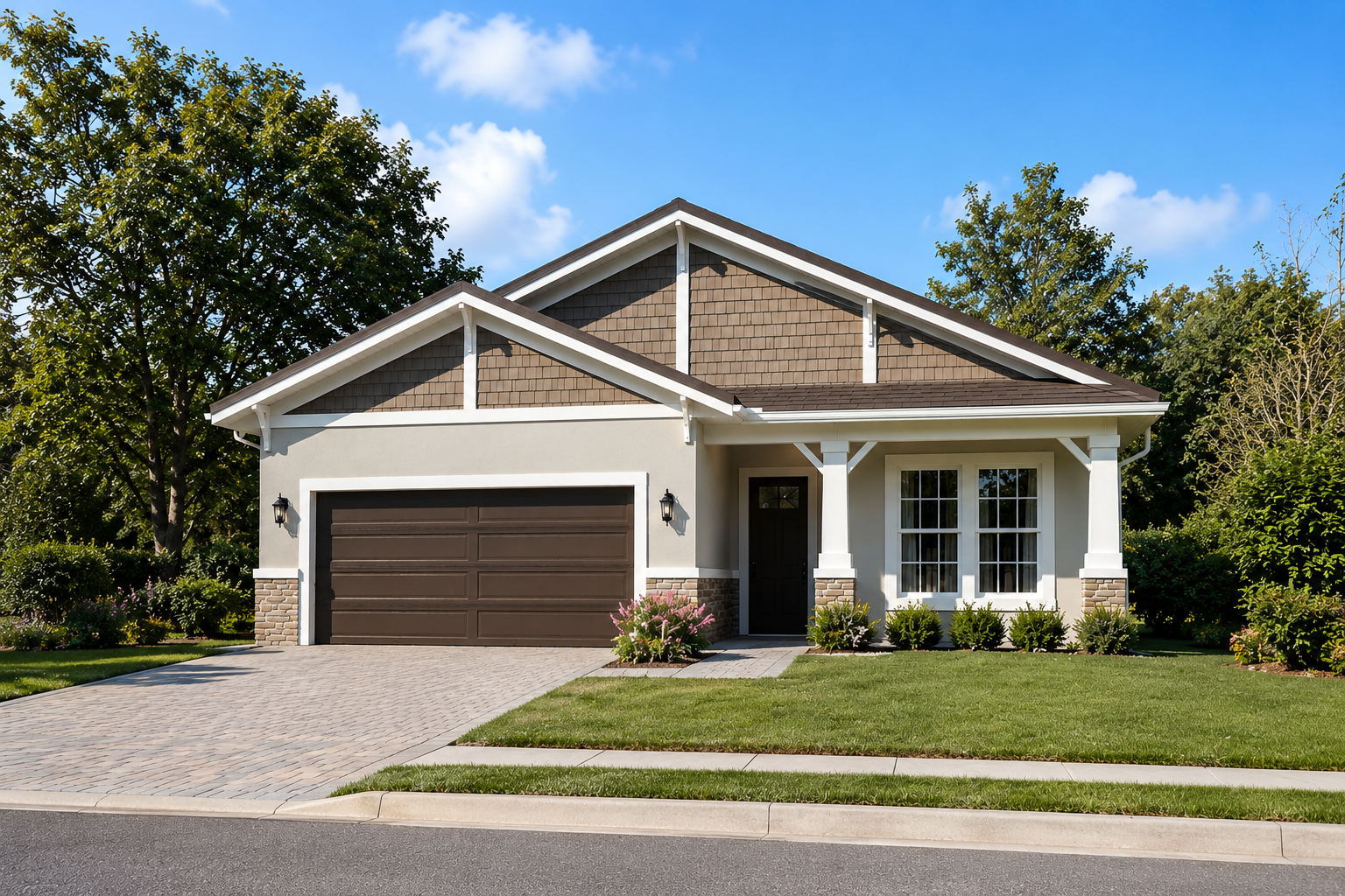 A modern house with a two-car garage, brown garage door, white exterior walls, front porch with a door, multiple windows, and a landscaped yard with green grass, bushes, and trees in the background under a clear blue sky.