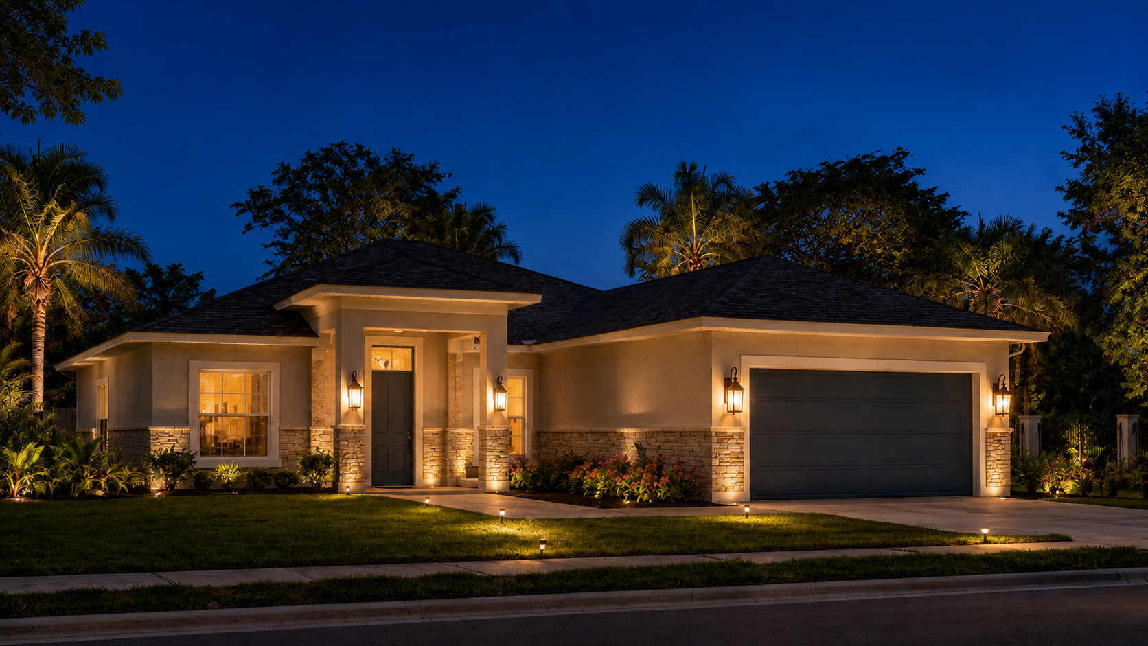 A house at dusk with exterior lights on, a front yard, and tropical trees in the background.