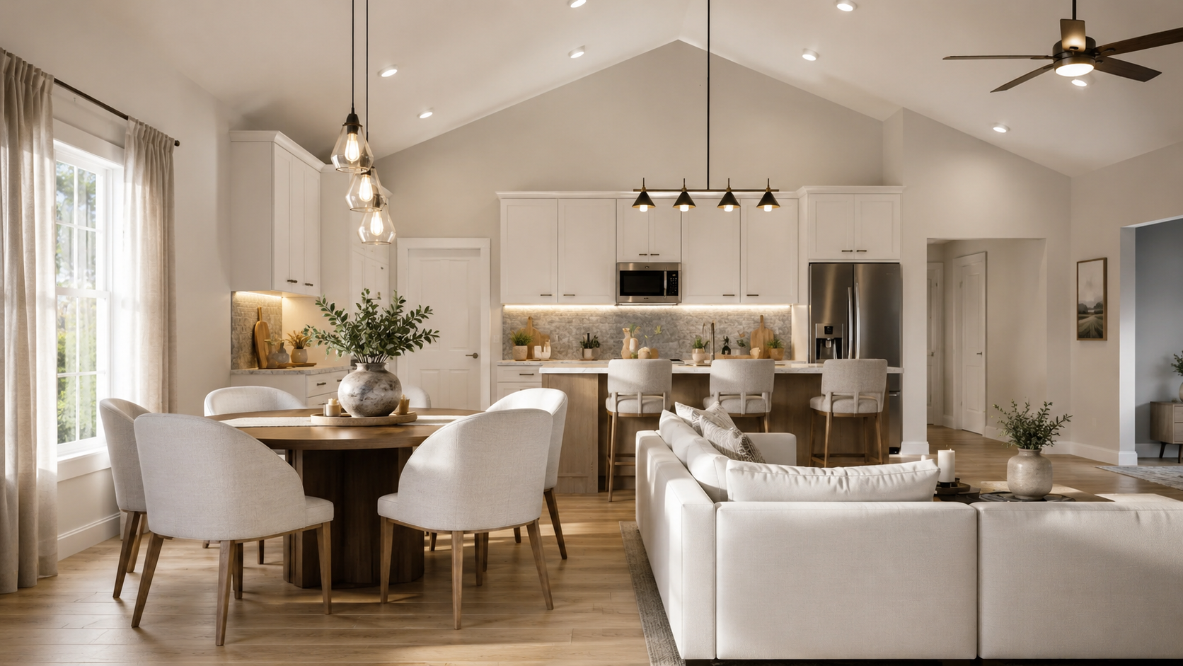Open-concept living and kitchen area with white cabinetry, stainless steel appliances, and a wooden island with bar stools. There is a dining table with chairs, a sofa with pillows, and decorative plants and vases. Recessed lighting and a ceiling fan are visible.