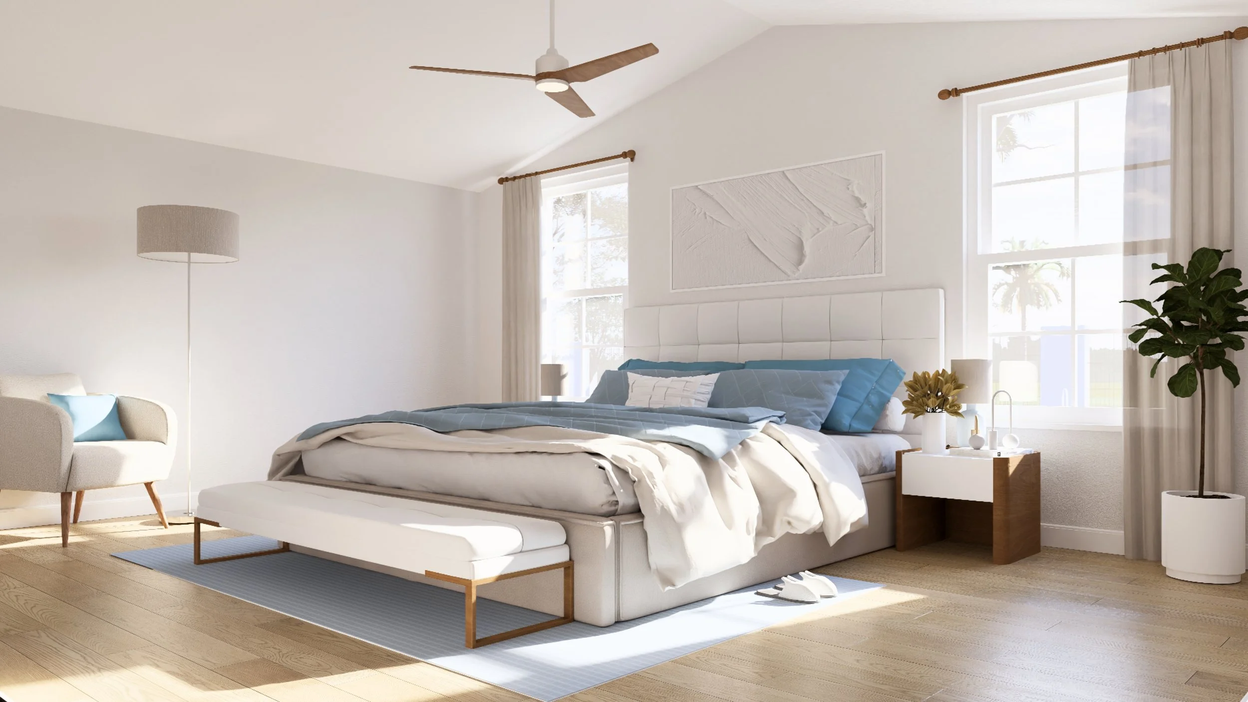 Bright bedroom with white walls, a large bed with blue and white bedding, two windows with curtains, a side table with a lamp and plant, a white armchair with a blue cushion, a white and wooden bench at the foot of the bed, a ceiling fan, and a large
