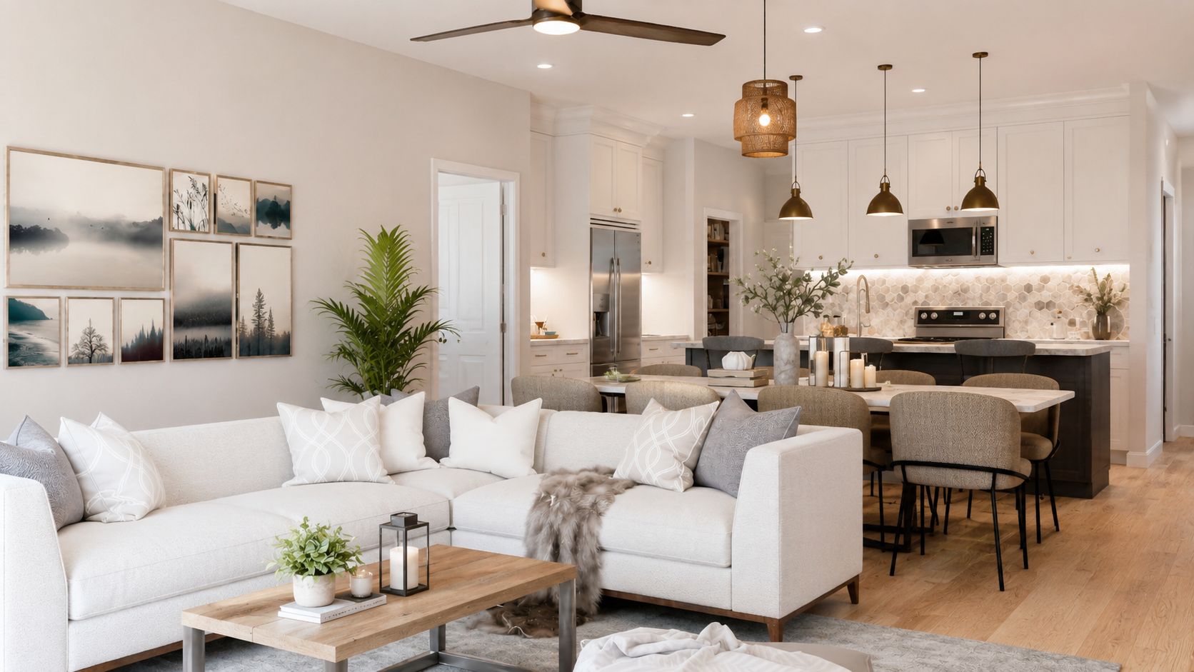 Open-concept living room and kitchen with neutral decor, white walls, wood flooring, and modern furniture, featuring a cream-colored sofa, a wooden coffee table with candles and greenery, a dining table with chairs, pendant lighting, and kitchen cabi