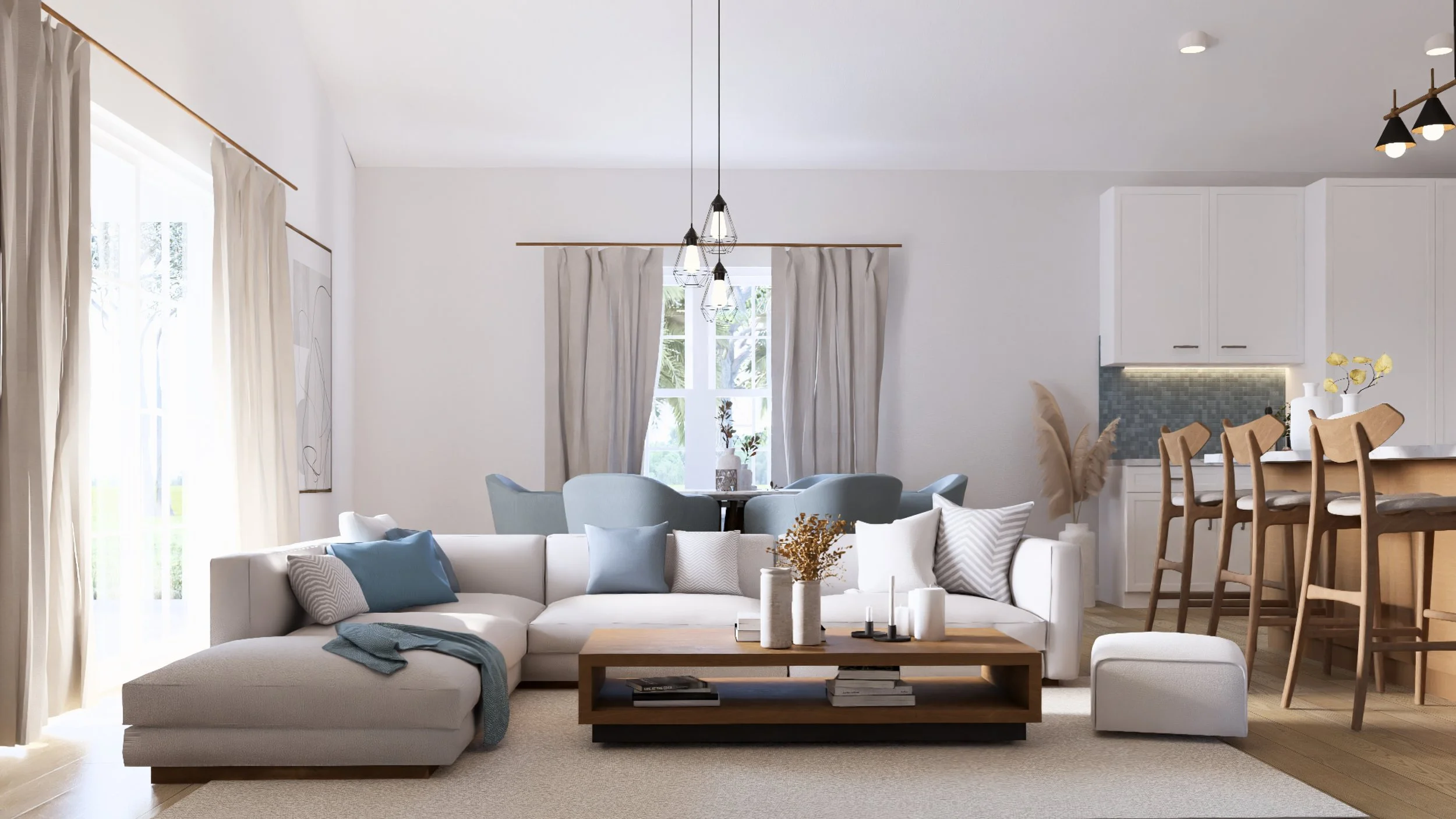 Bright living room with white sectional sofa, blue and gray pillows, wooden coffee table with vases and candles, blue dining chairs around a table, white kitchen cabinets with bar stools, neutral curtains, and pendant lighting.