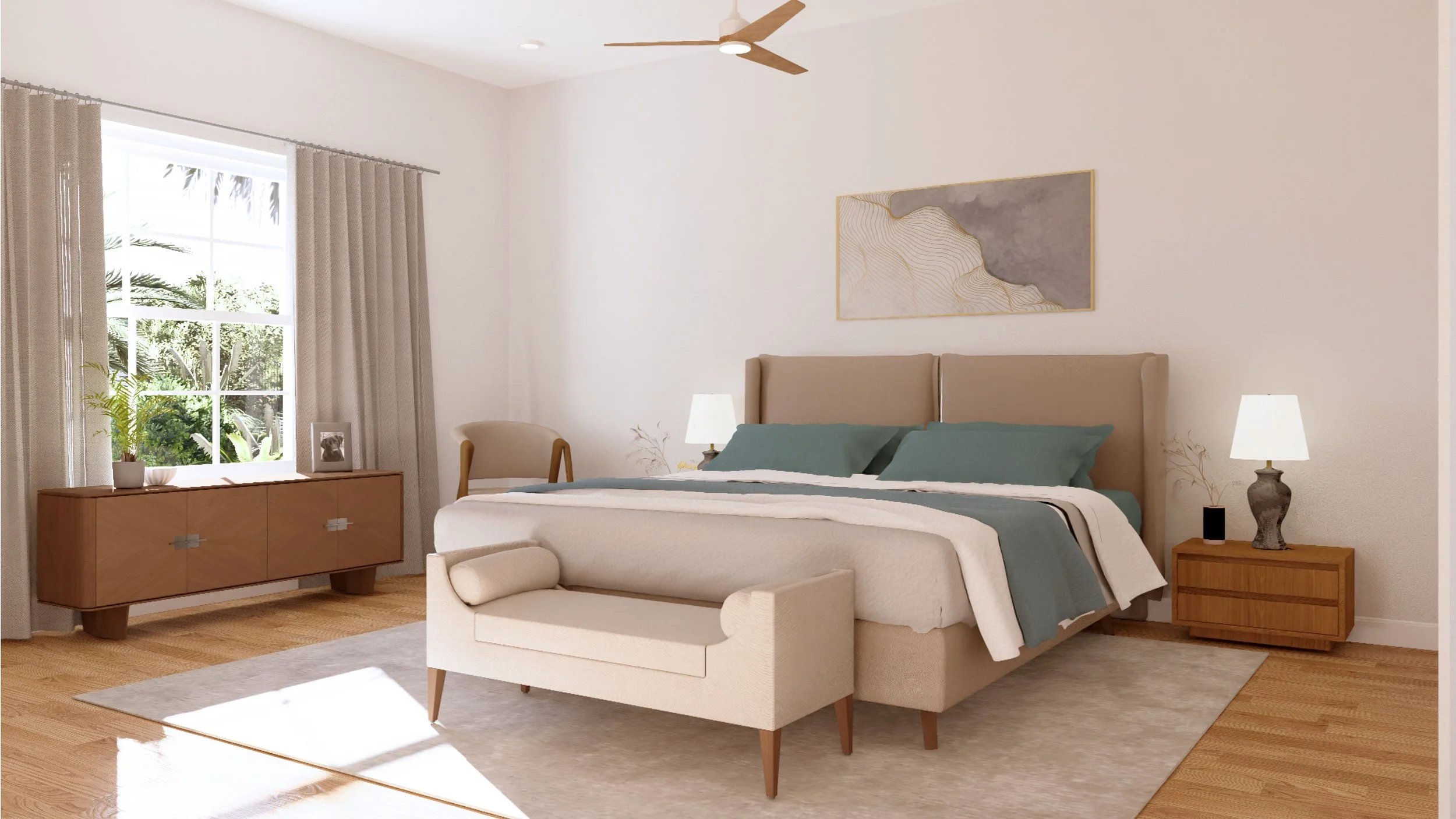 Modern bedroom with a large bed with beige headboard, green pillows, and layered bedding. Nightstand with lamp and decorative vase on right. Armchair and wooden sideboard near window with curtains on left. Artwork above bed, ceiling fan, and hardwood