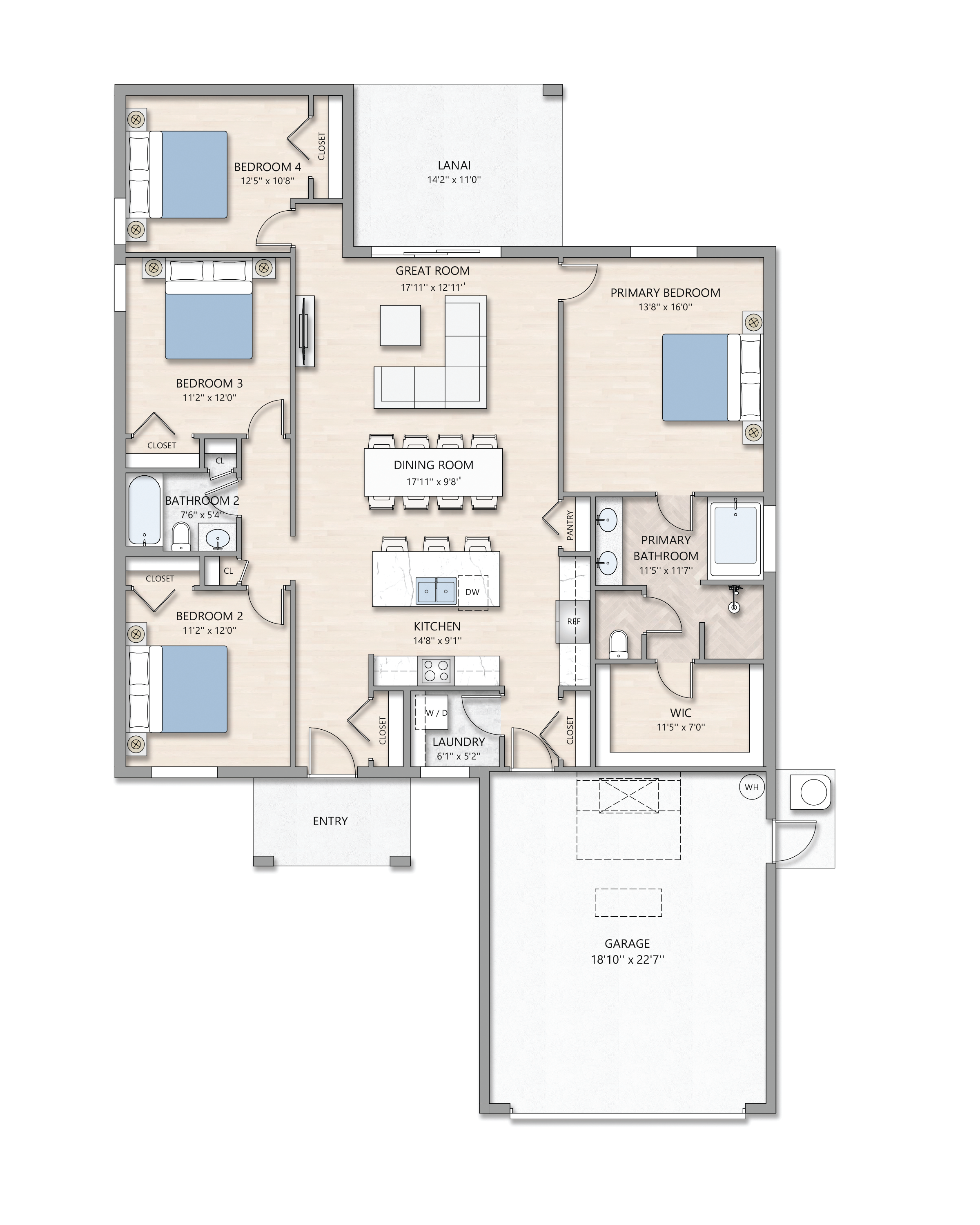 Floor plan of a house with four bedrooms, two bathrooms, a kitchen, dining area, great room, laundry, garage, and outdoor lanai area.
