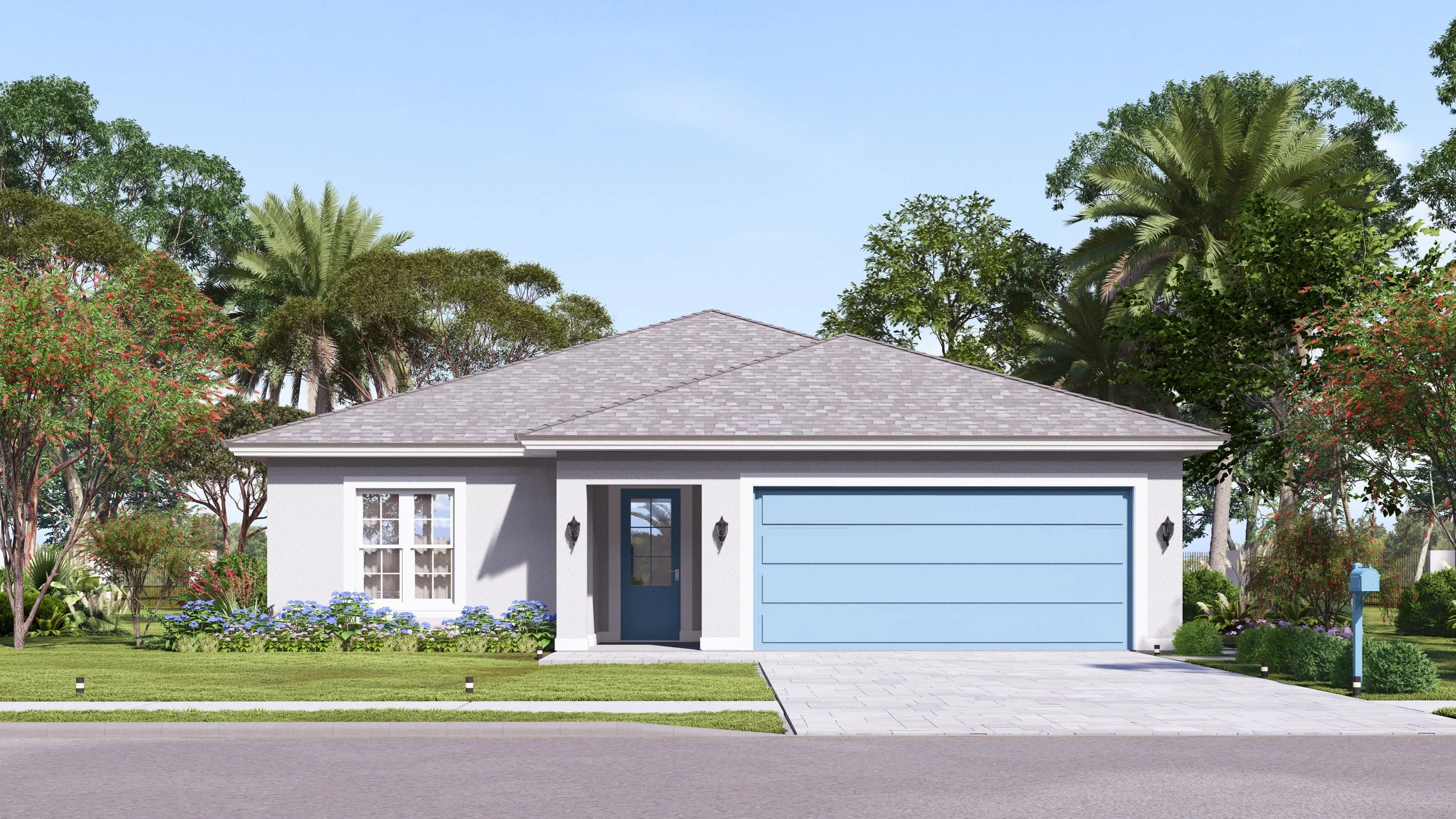 A modern single-story house with a grey roof, white facade, blue garage door, and blue front door, surrounded by green trees, shrubs, and a well-maintained lawn, with a driveway and a blue mailbox.