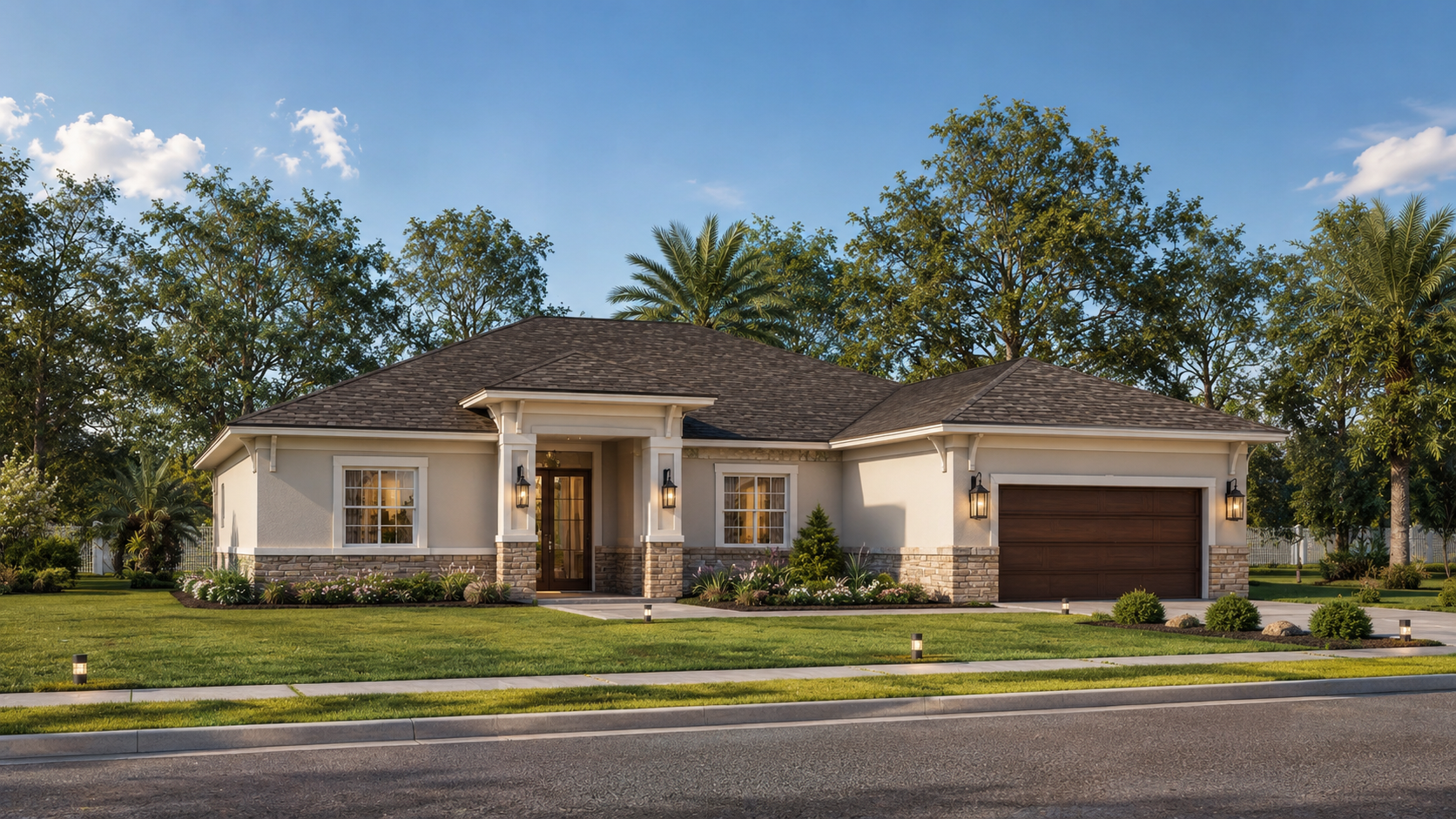 A modern single-story house with a landscaped front yard, white exterior walls, stone accents, and a dark brown garage door, with trees and a blue sky in the background.