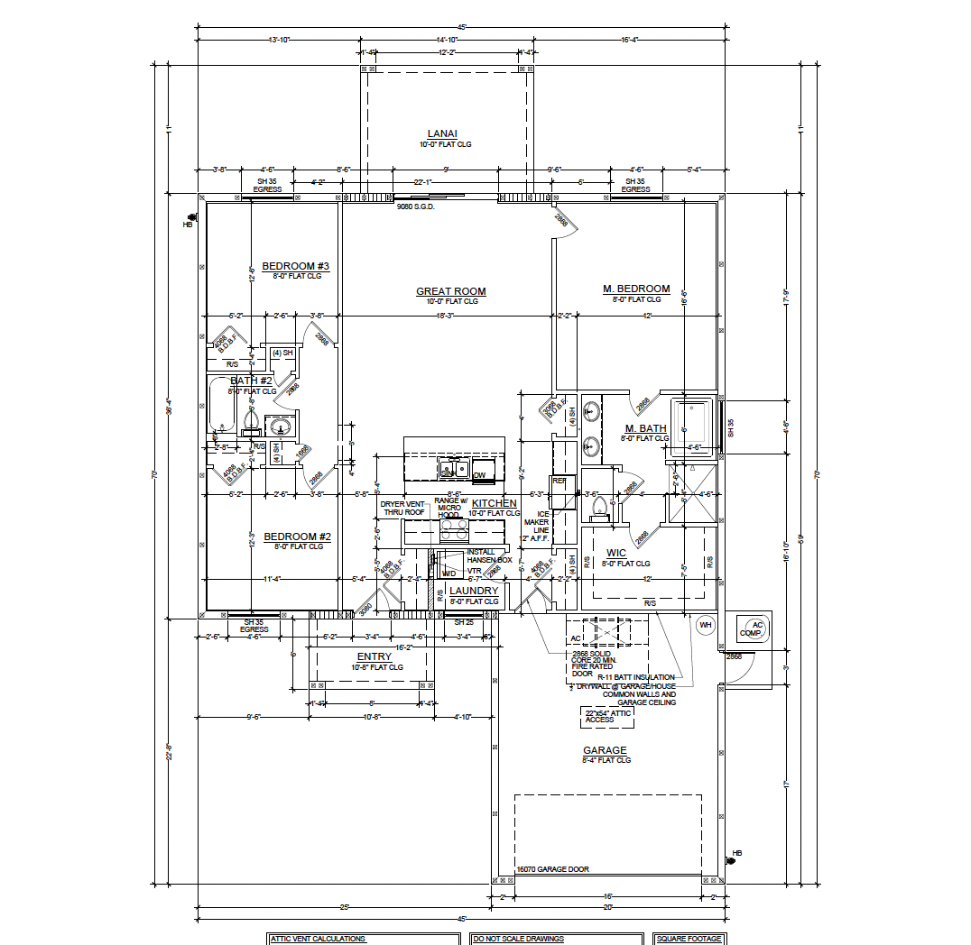 Architectural floor plan of a house showing various rooms including a garage, entry, bedrooms, bathrooms, kitchen, laundry, and living areas with detailed measurements and annotations.