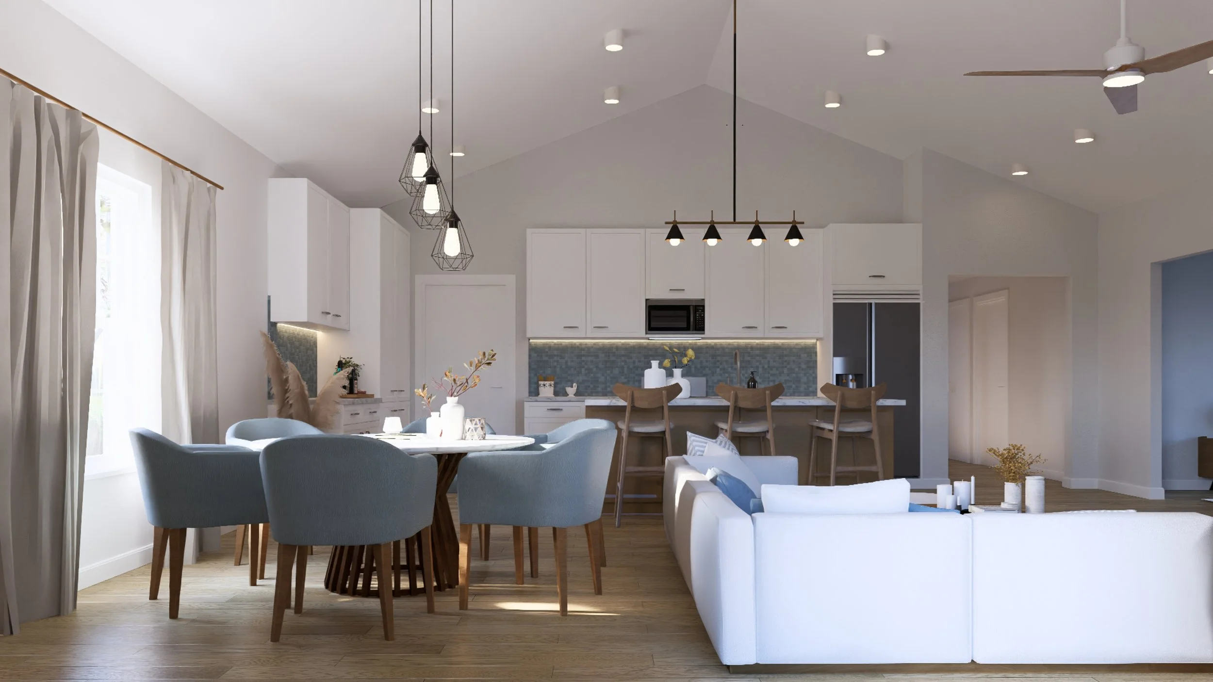 Open concept living room, dining area, and kitchen with white cabinets, blue backsplash, and wooden bar stools, illuminated by pendant lights and natural light from large windows.