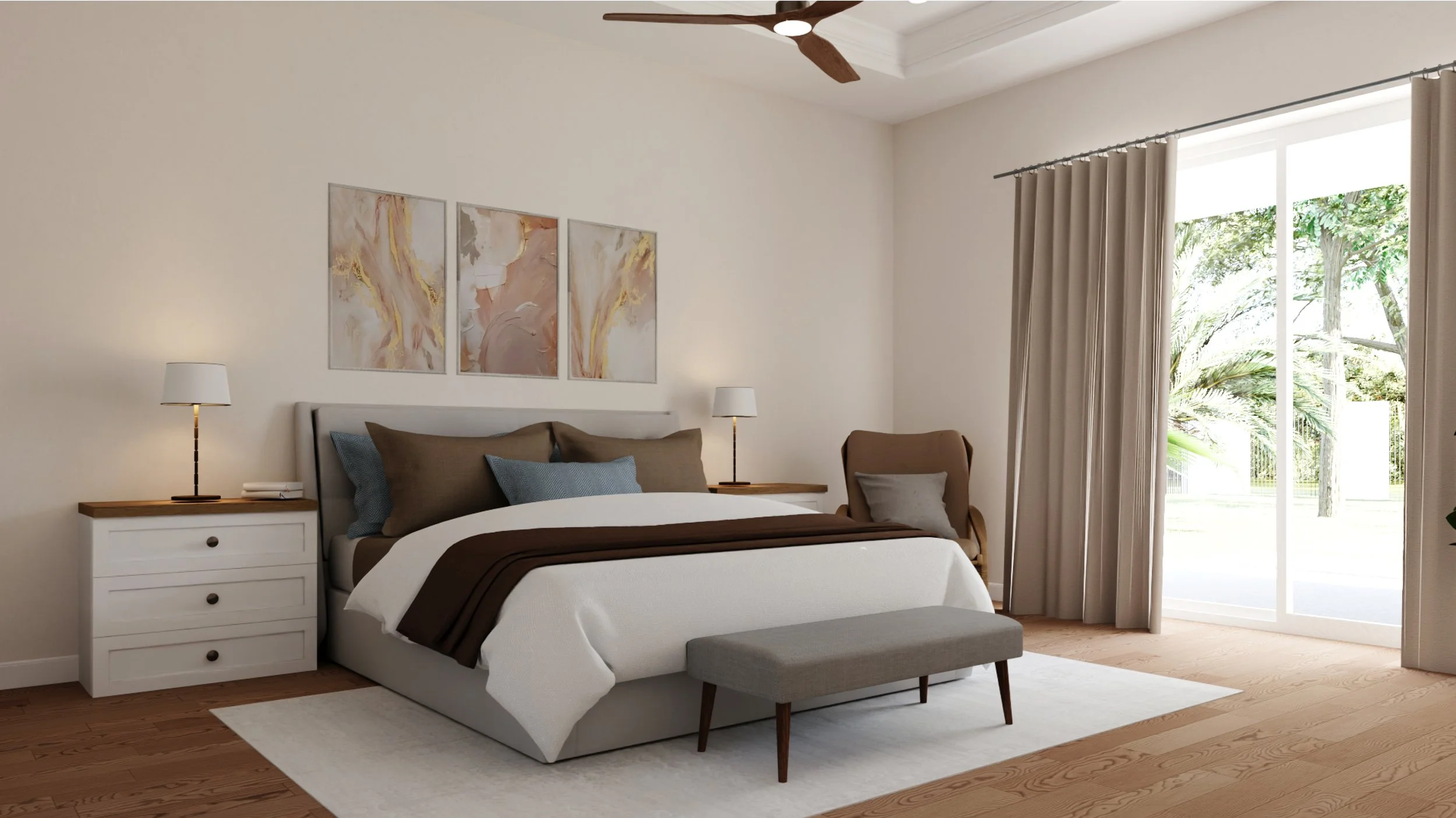 A modern bedroom with a large bed, decorative pillows, a nightstand with a lamp, a brown armchair with a pillow, a window with beige curtains, and artwork above the bed, with a view of trees outside.