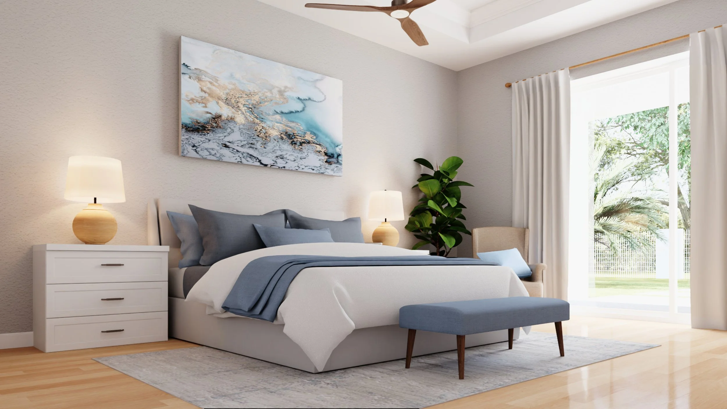 A modern bedroom with white walls, light wood flooring, and a large bed with gray and white bedding. There are two matching nightstands with cream-colored lamps, a potted plant, a blue bench at the foot of the bed, and a beige armchair near a large w