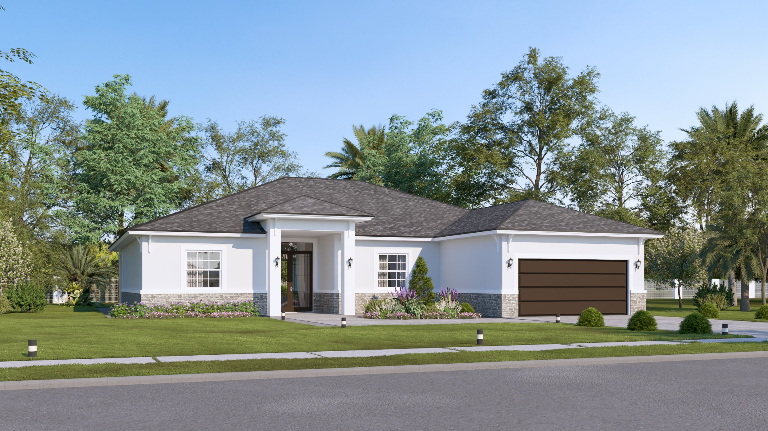 Modern single-story house with white exterior, stone accents, dark gray roof, front porch, attached garage, landscaped lawn, and trees in the background on a clear day.