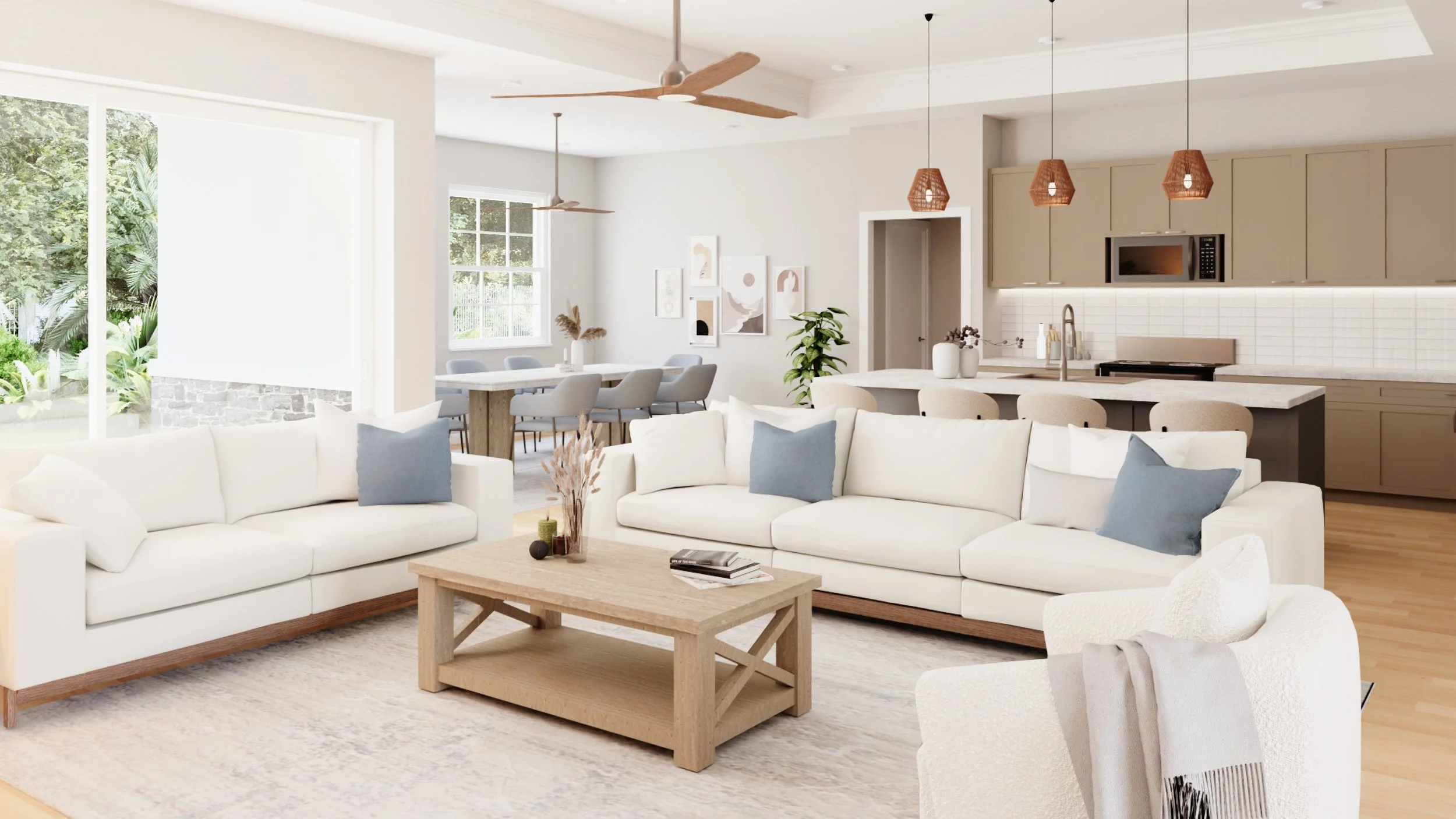 Open-concept living room and kitchen with white sofas, a wooden coffee table, and beige and gray decor in a modern style